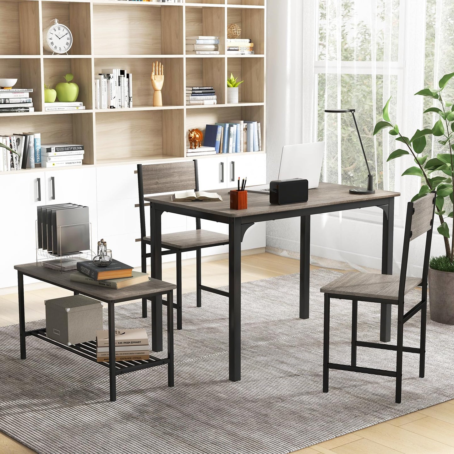 ReunionG Dining Table Set for 4, Modern Dinette with 1 Bench & 2 Chairs, Storage Shelf, 4-Piece Kitchen Table for Small Space, Apartment, Dining Room, Restaurant (Grey)