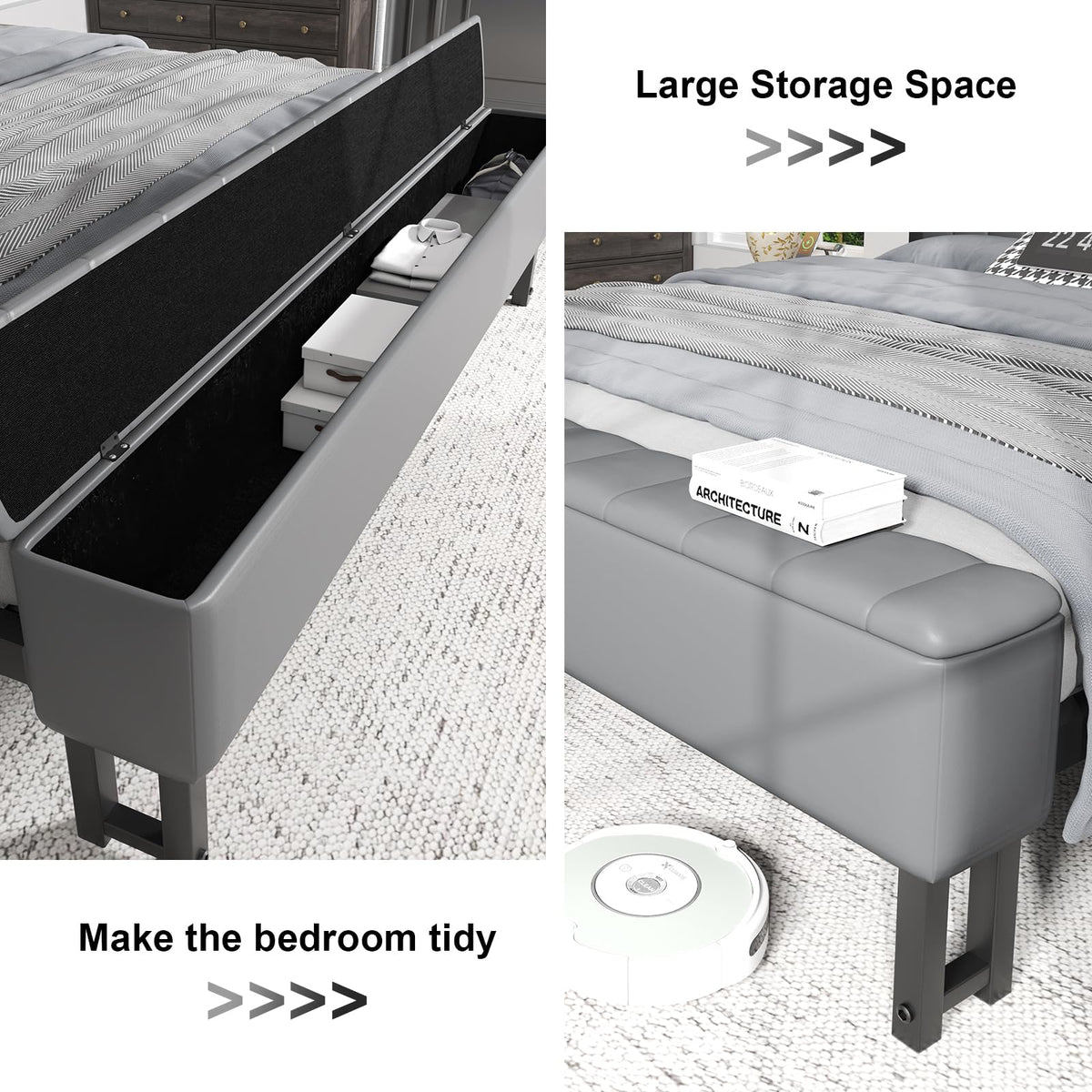LoVinson Full Size Bed Frame with Headboard & Star Projector, Metal Upholstered Bed Frame with Charging Station, Heavy Duty Bedframe with Storage Ottoman, Noise-Free, No Box Spring Needed, Grey