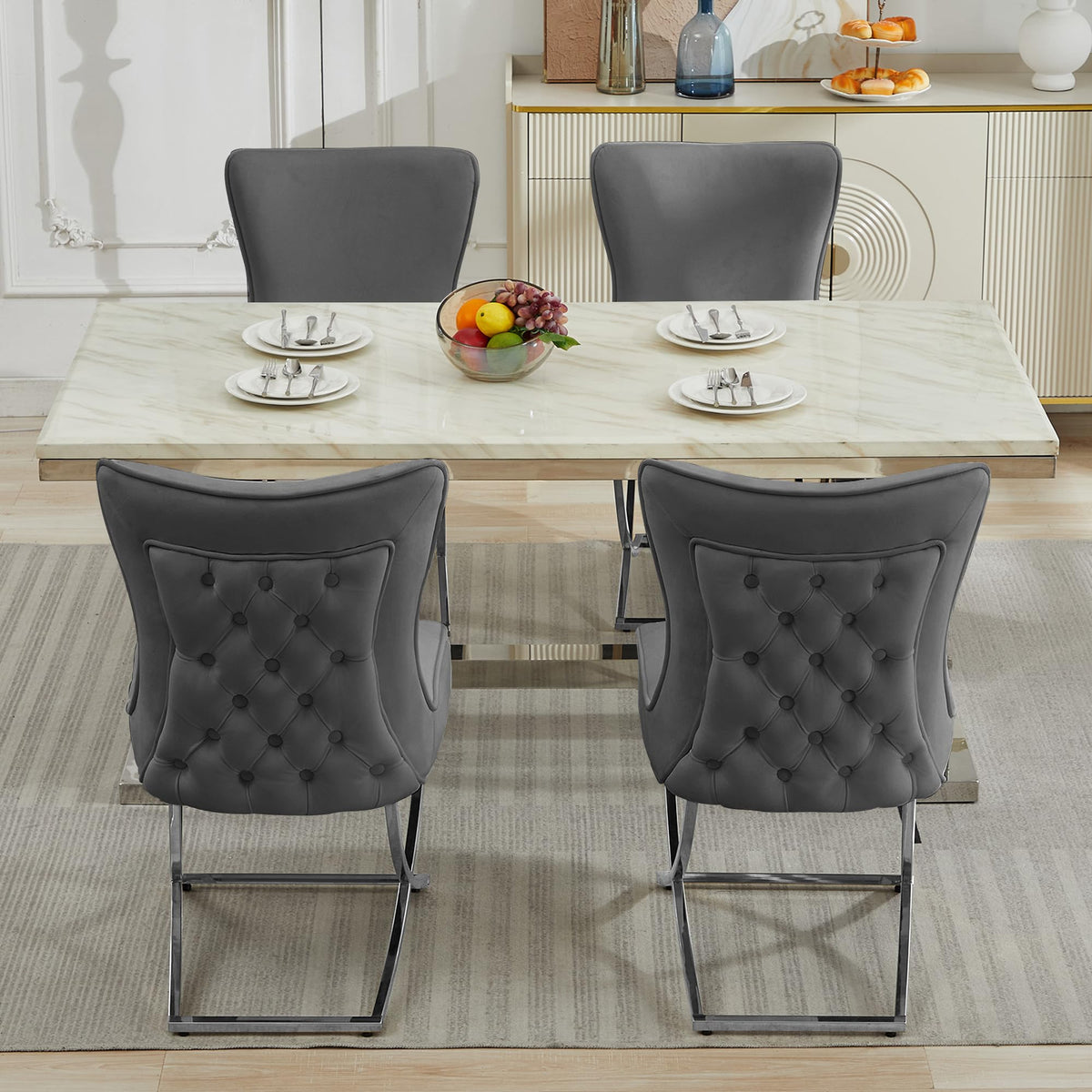 LOULENS Elegance Velvet Dining Chairs Set of 4, Luxurious Upholstered Tufted Dining Room Chairs, Glam Royal Velvet Accent Chairs with Stainless Steel Legs, Dark Grey