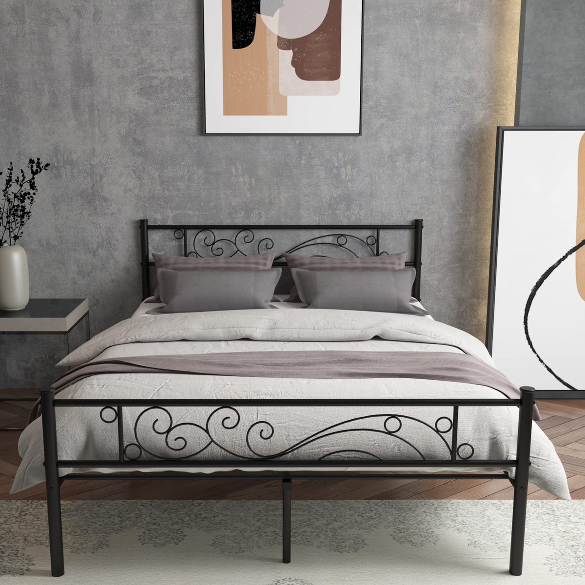 Weehom Full Size Platform Bed with Unique Flower Design Mattress Foundation Strong Metal Slats Support,Easy Assembly Black