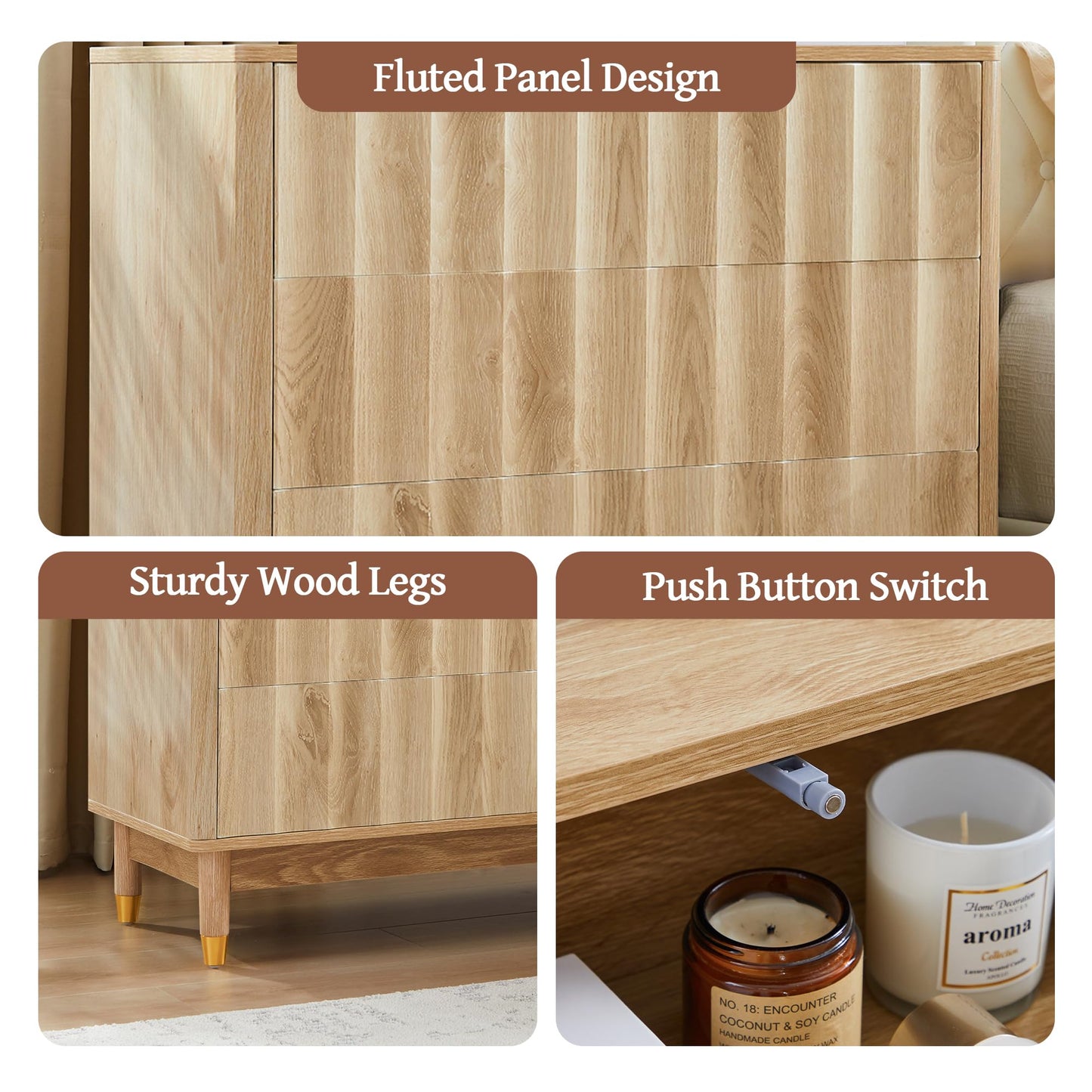 Caspellaire Fluted 3 Drawer Dresser, 31.50" Wide Modern Chest of Drawer, Wood Drawer Organizer for Bedroom, Living Room, Hallway