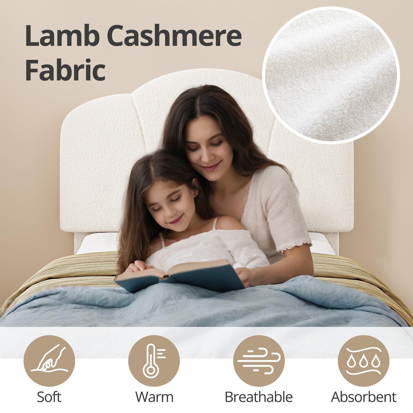 LIKIMIO Twin Size Bed Frame, Upholstered Twin Platform Bed with Headboard Lamb Velvet Twin Beds, No Box Spring Needed with 800LBS Sturdy Wooden Slats Support, Noise Free, Easy Assembly, White