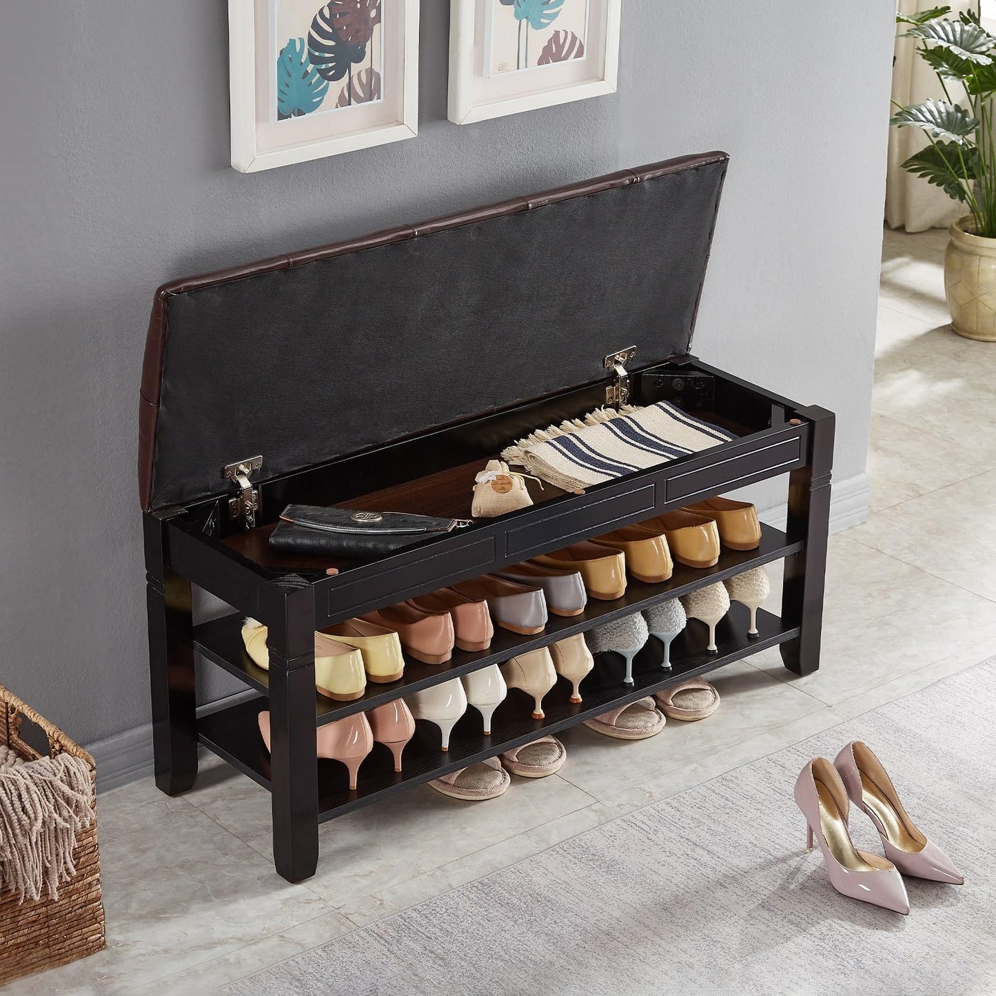 ZIRKOOON Shoe Storage Bench, Entryway Shoe Rack with Fiberleather Seat 2-Tier Lift Top Organizer Wooden Shoe Bench for Entryway Hallway Living Room (Black 39.4x13.8x18.9'')