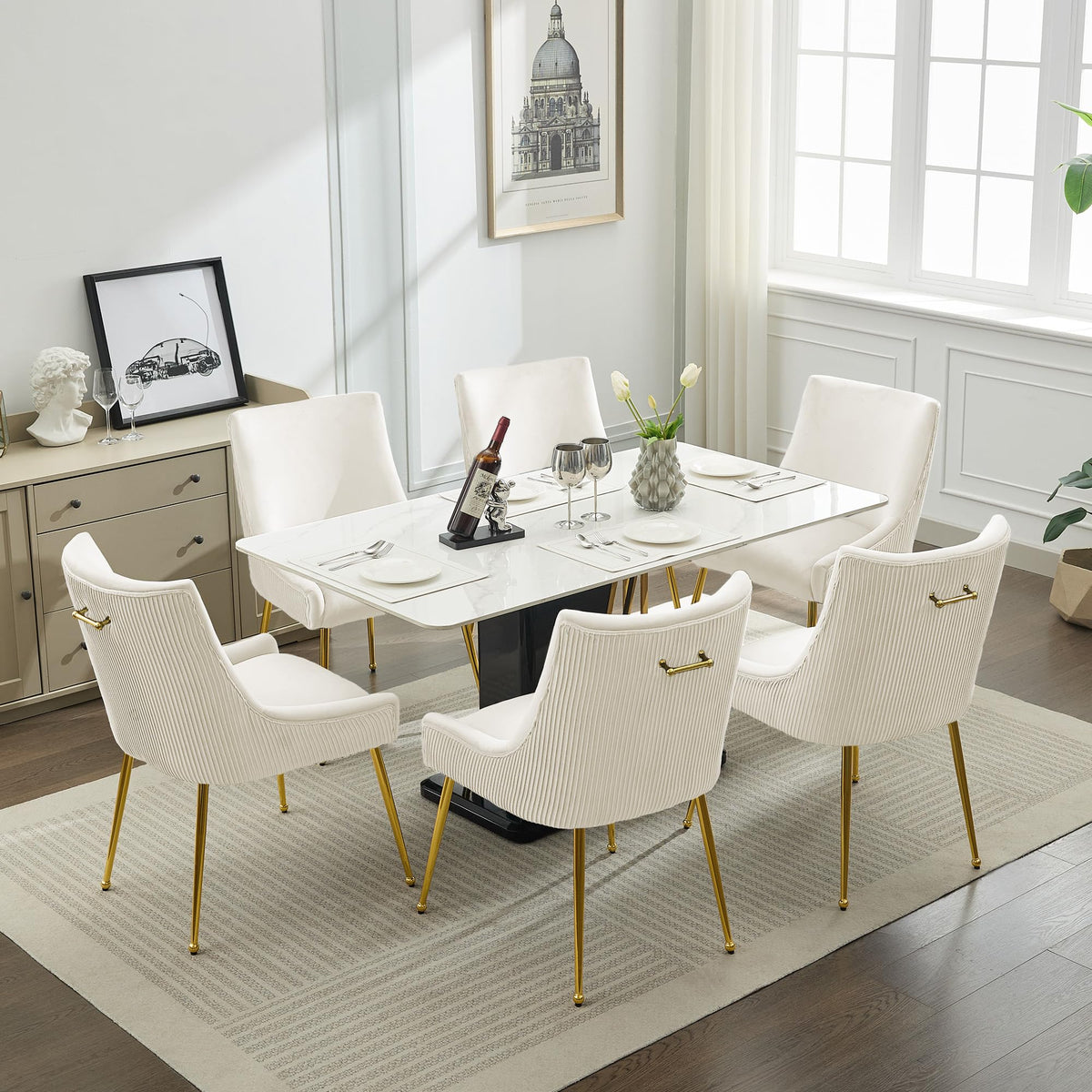 WUTUTUEE Velvet Dining Chairs Set of 2 Gold Legs,Upholstered Velvet Accent Chairs, Pleated Back Design & Gold Pull Handle, Mid Century Modern Chairs for Dining/Kitchen/Living Room,Beige