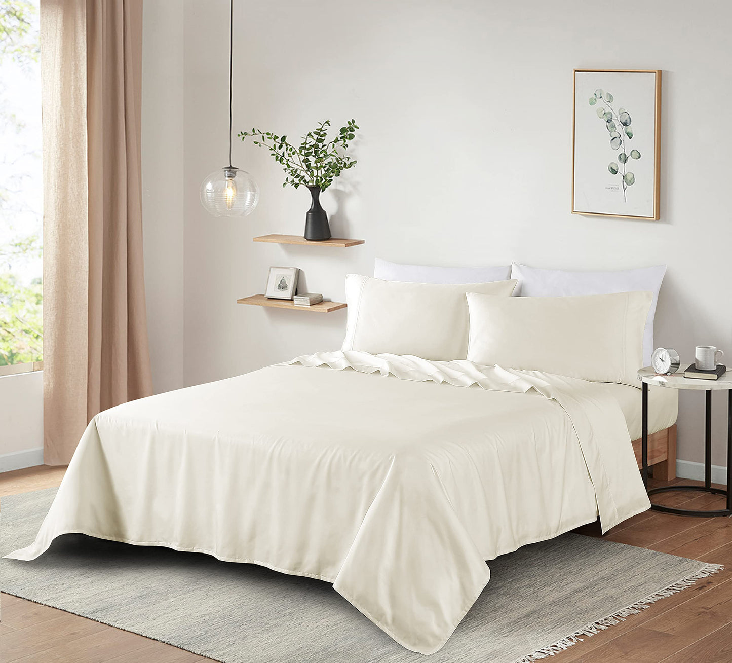 ELINEN 100% Supima Cotton Sheets 600 Thread Count,Bed Sheet Set King Size Sheets 4 Pieces,Soft & Silky Sateen Weave, Fits Mattress Up to 18",Deep Pocket, Breathable & Fade Resistant(Ivory,King)