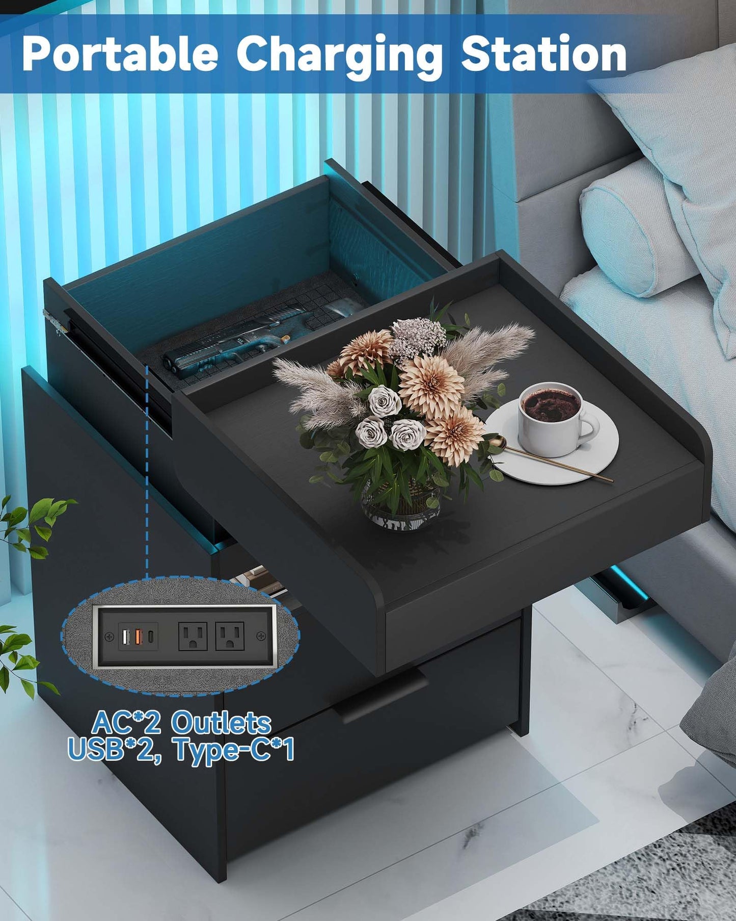 Nightstand with Gun Drawer, Charging Night Stand with USB and AC Ports, LED Nightstand, NightStands with Gun Drawer, Smart Night Stand with Sliding Top Storage