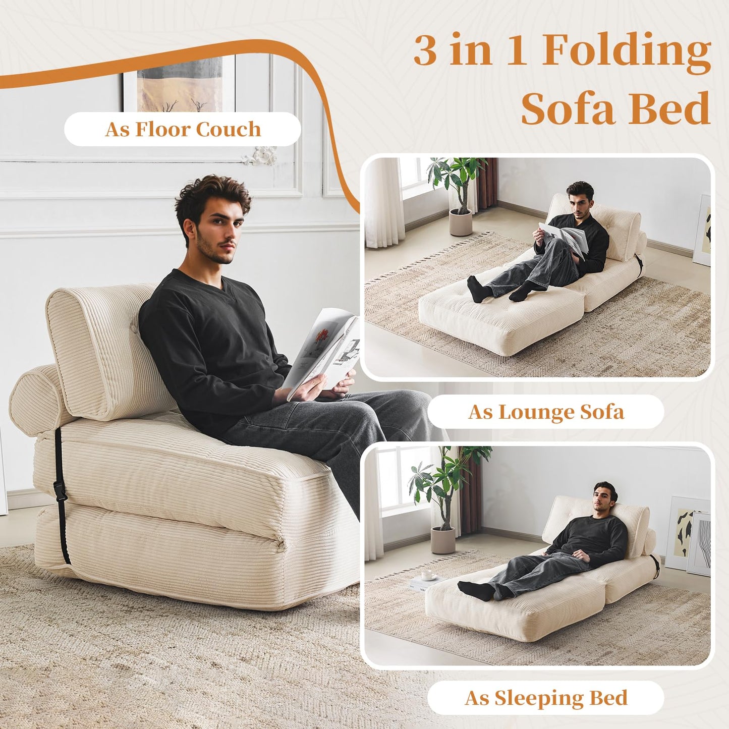 Furnimart Twin Size Folding Sofa Bed, 3 in 1 Convertible Sleeper Chair, Modern Single Sofa Lounge Chair, Small Pull Out Sleep Bed, Floor Futon Couch for Living Room, Corduroy Beige