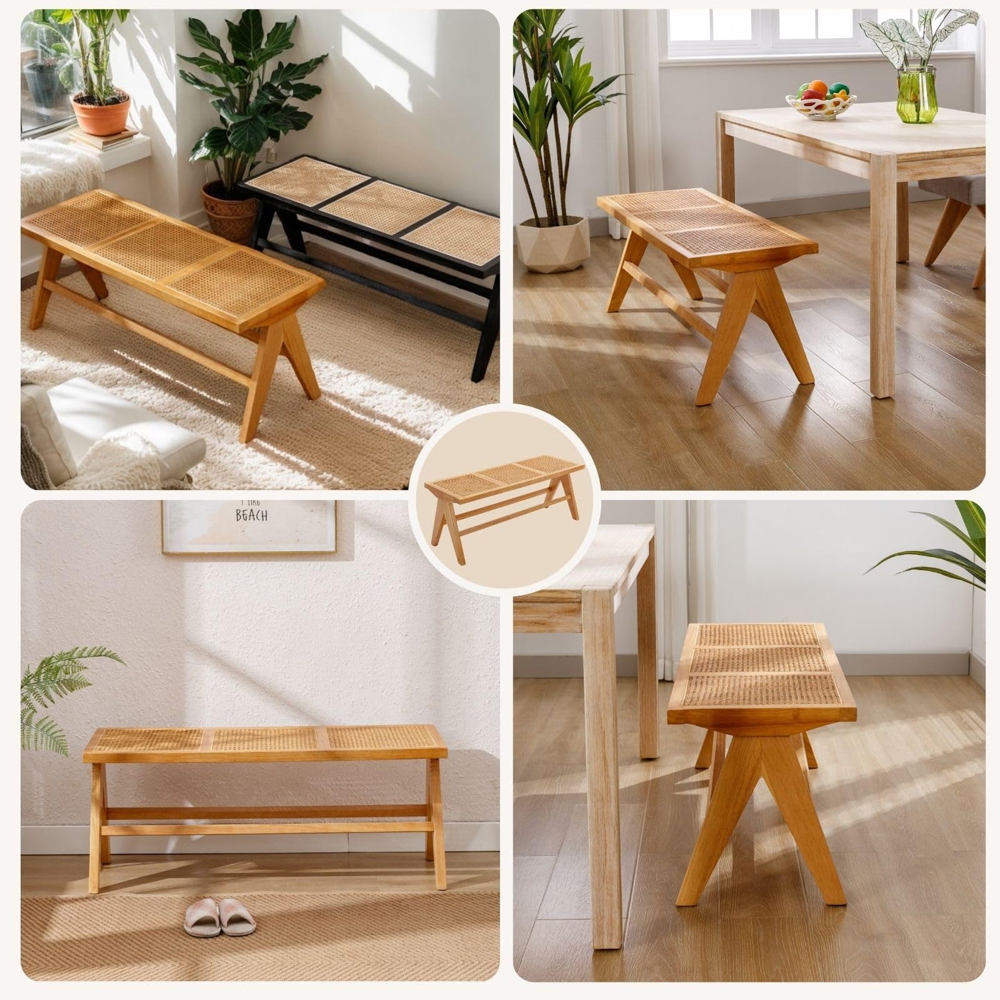 COMULER 45” Natural Rattan Entryway Bench Wicker Wood and Cane End of Bed Bench Farmhouse Wooden Dining Bench with Footrest for Kitchen Cane Bench Seat for Bedroom Hallway Foyer Living Room