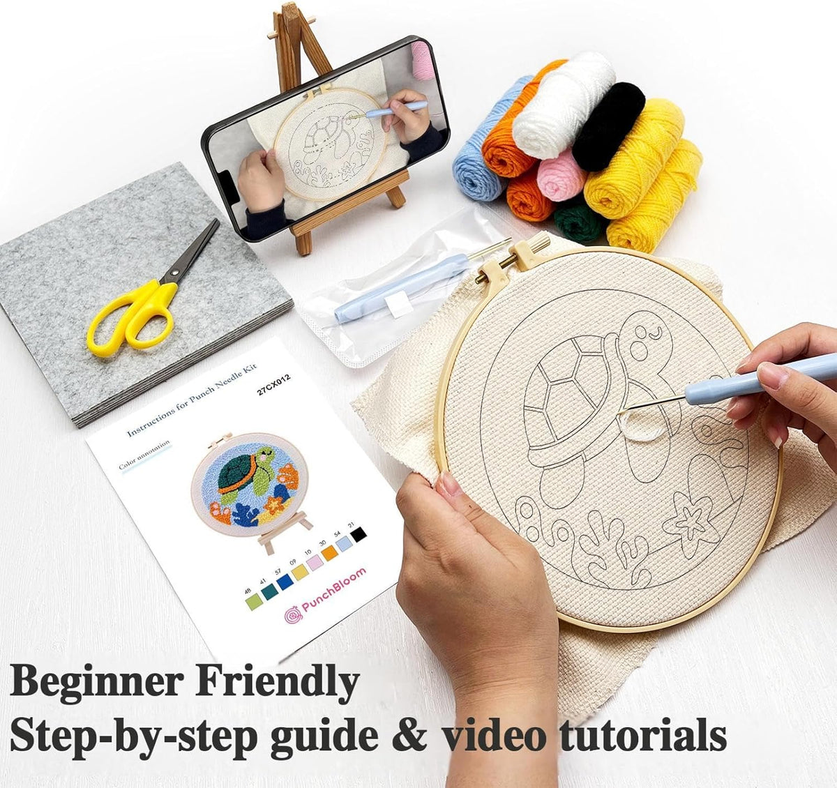 Punch Needle Kit for Beginner, 2-Pcs Punch Embroidery Starter Kit– Easy Adult Stitch Set with Instructions – Fun DIY Needle Point Craft for Home Art Decor & Gift Idea (Sea Turtle & Sea Horse)