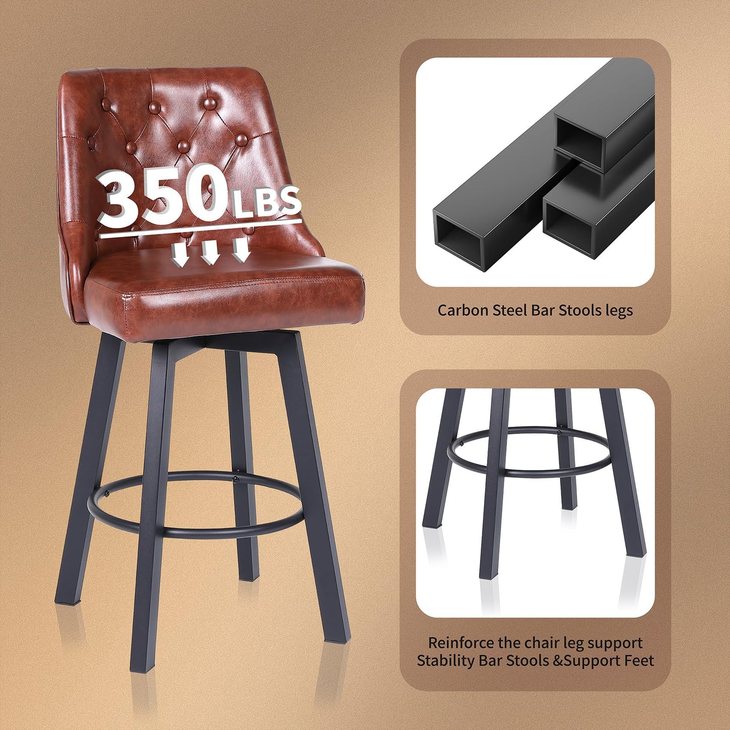 ralex-chair Swivel Counter Height Barstools Set of 4, 26’’H Modern Counter Stools with Metal Legs,Faux Leather Upholstered Bar Stools with Back for Kitchen Island, Dining Room, Pub - Brown