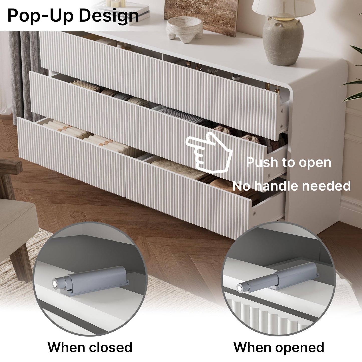 MAISONARIA 3-Piece Curved Dresser Bedroom Set, 6 Drawer Dresser & 2 Drawer Nightstands with Pop-up Design, Fluted Wood Chest of Drawers for Bedroom, Living Room, Entryway, White