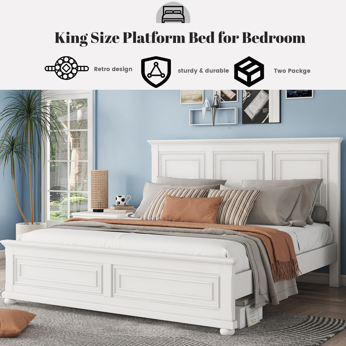 Duxelifin King Size Platform Beds for Bedroom, Tall Headboard King Bed Frame with Footboard, Pinewood Antique Bed Frame, Farmhouse Style, Noise-Free, No Box Spring Needed, White