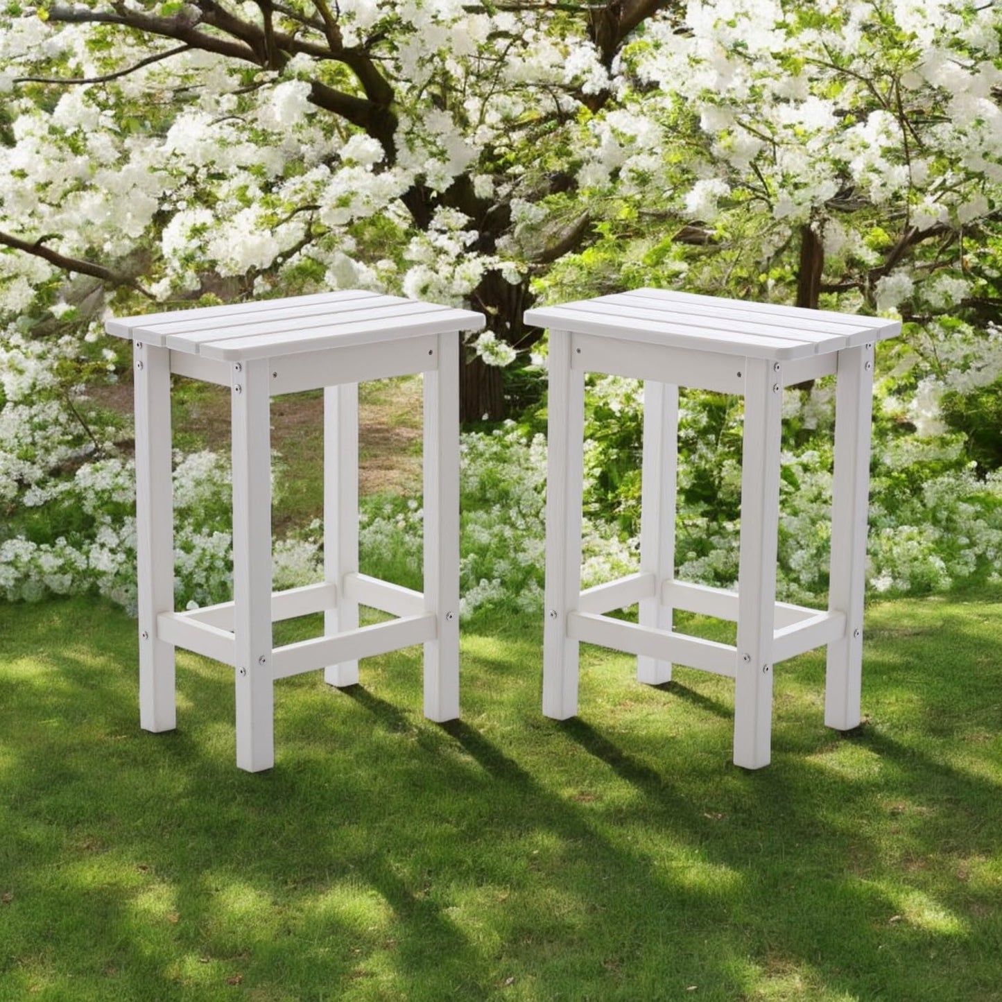 AXMOLM HDPE 2 Piece Outdoor Bar Height Stools, All-Weather Patio High Top Bar Stools, Outdoor Bar Chairs with Cushions for Balcony, Backyard, Garden, Deck (White, Bar Stools)