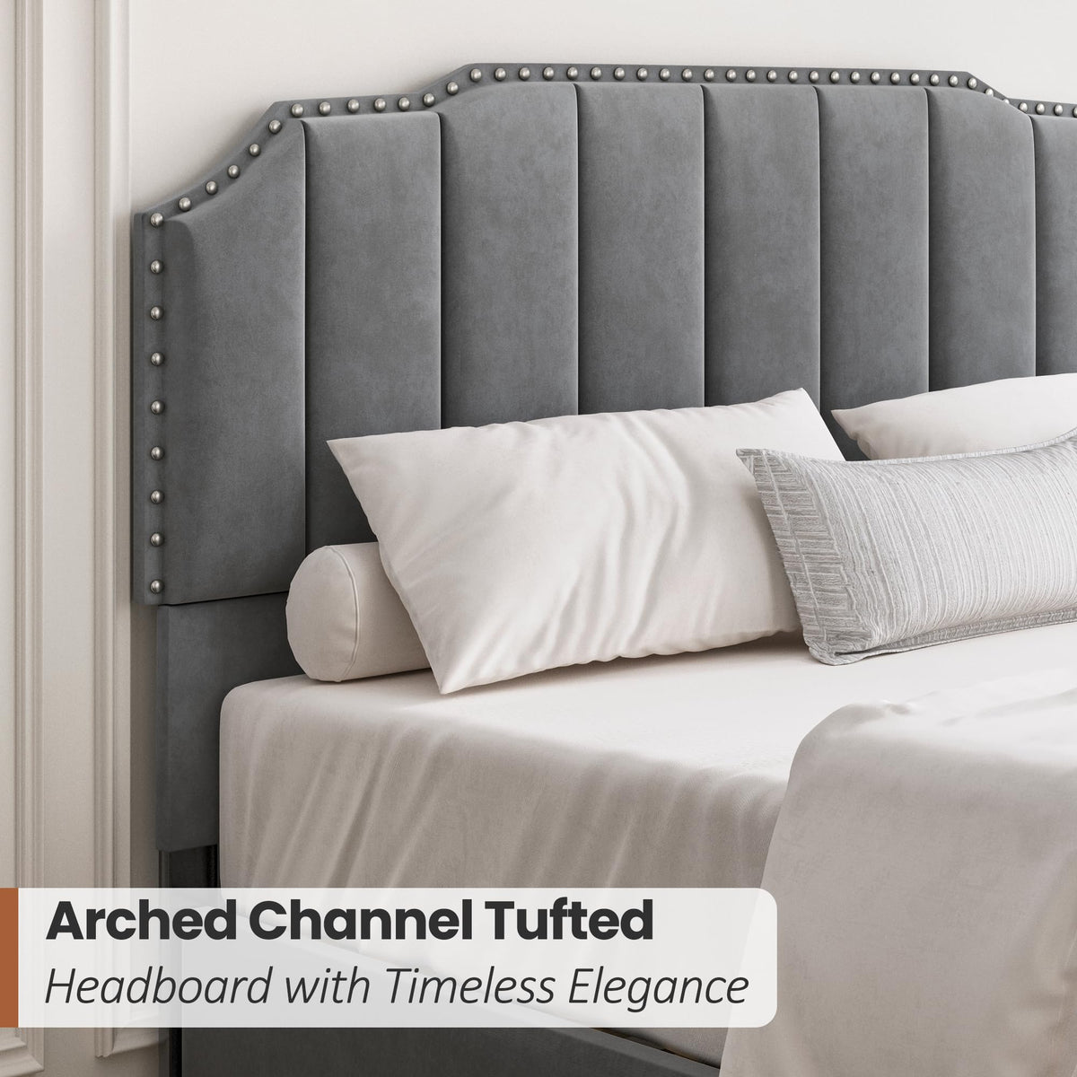 RIHHA Grey Queen Size Upholstered Platform Bed Frame with 46.8'' Tall Vertical Channel Tufted Headboard, Wooden Slats, Noise-Free, No Box Spring Needed, Easy Setup