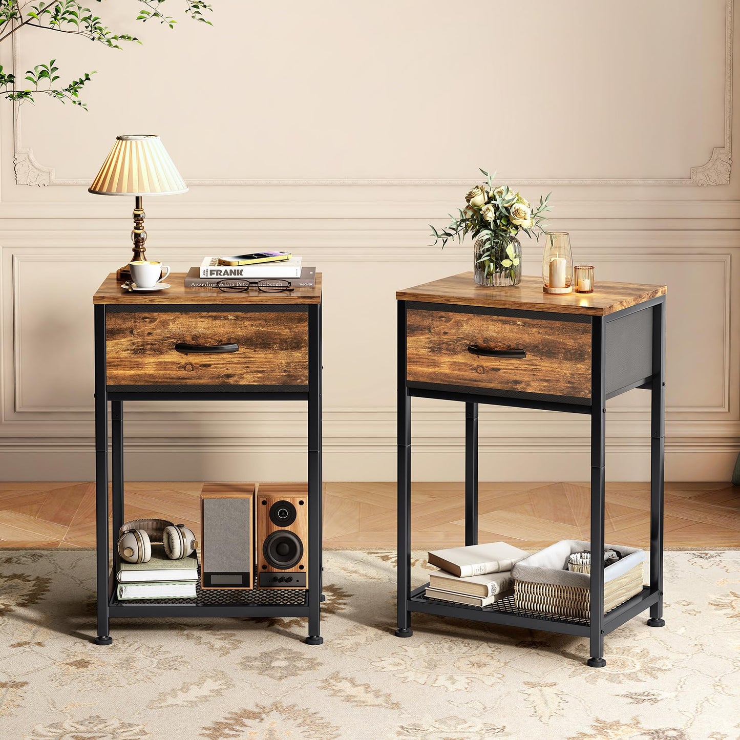Kitstorack Night Stands Set of 2,End Tables with Drawer for Bedroom Bed Side Table for Home, Rustic Brown Wood Night Stand Bedroom Nightstands Bedside Table Set of 2