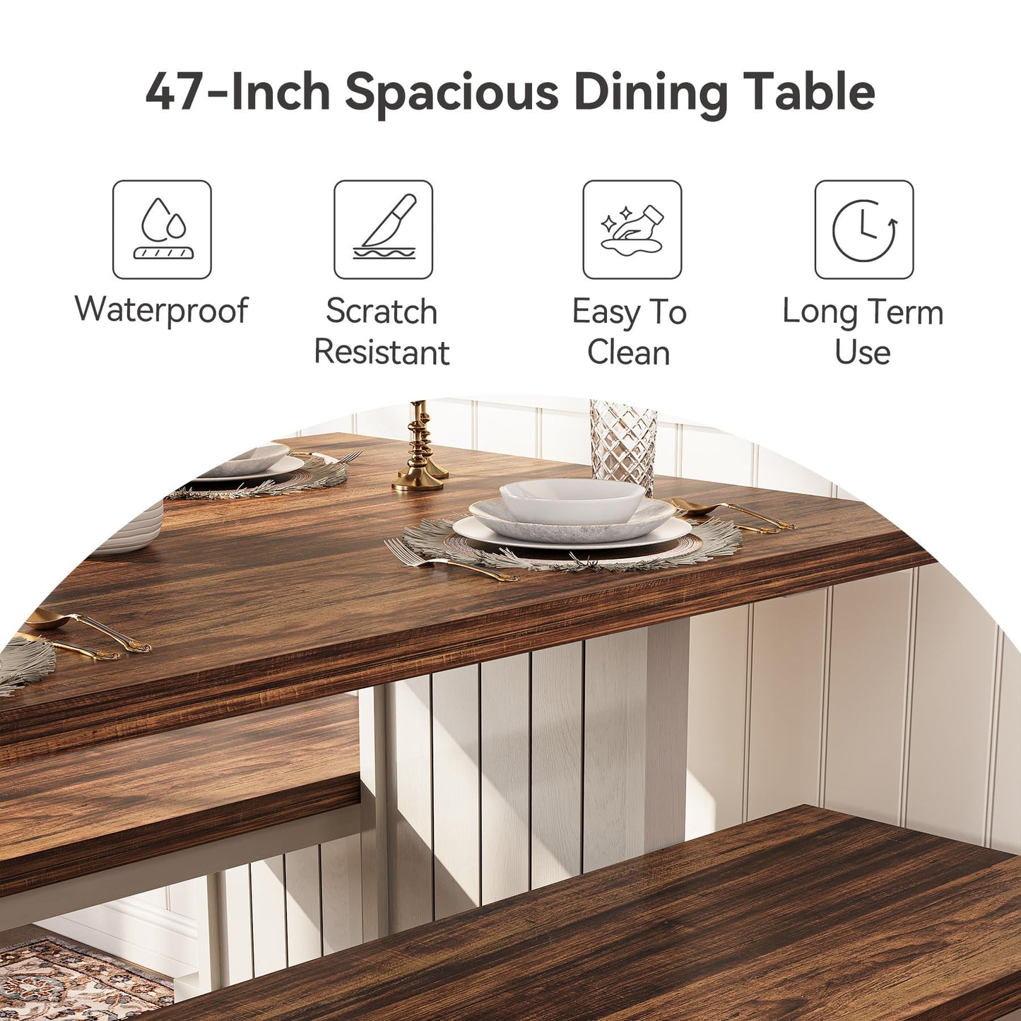 LITTLE TREE Dining Table Set for 4 with 2 Benches, Modern Kitchen Table with MDF Board, Space-Saving Dinette for Kitchen, Dining Room, Brown and White