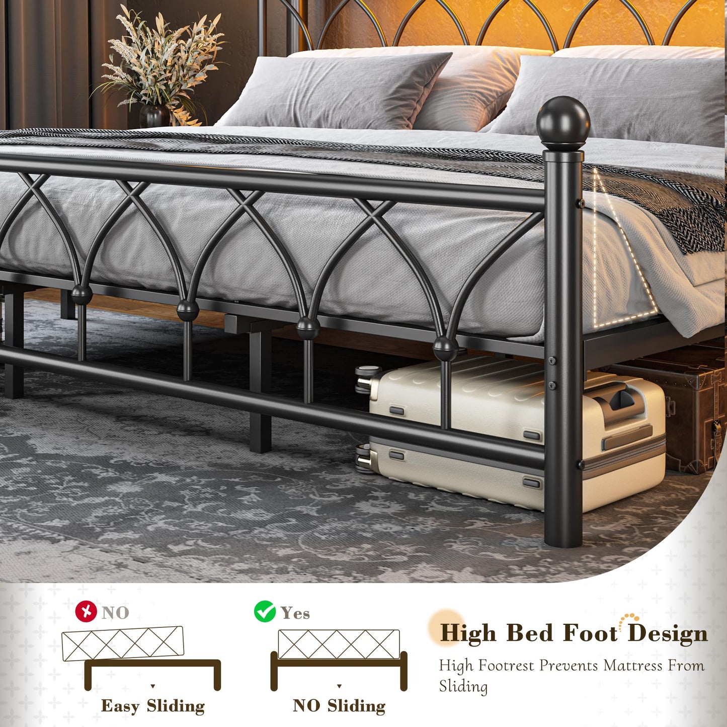 EnHomee King Bed Frame with Headboard, Metal King Size Bed Frame with LED Lights and Power Outlets, Heavy Duty Steel Slats Support with Storage, Sturdy & Noise-Free, No Box Spring Needed, Black