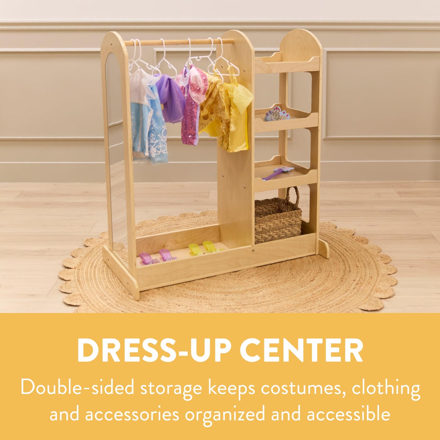 Back2School Express Double-Sided Dress-Up Center with Mirror, Clothes Rack, Natural