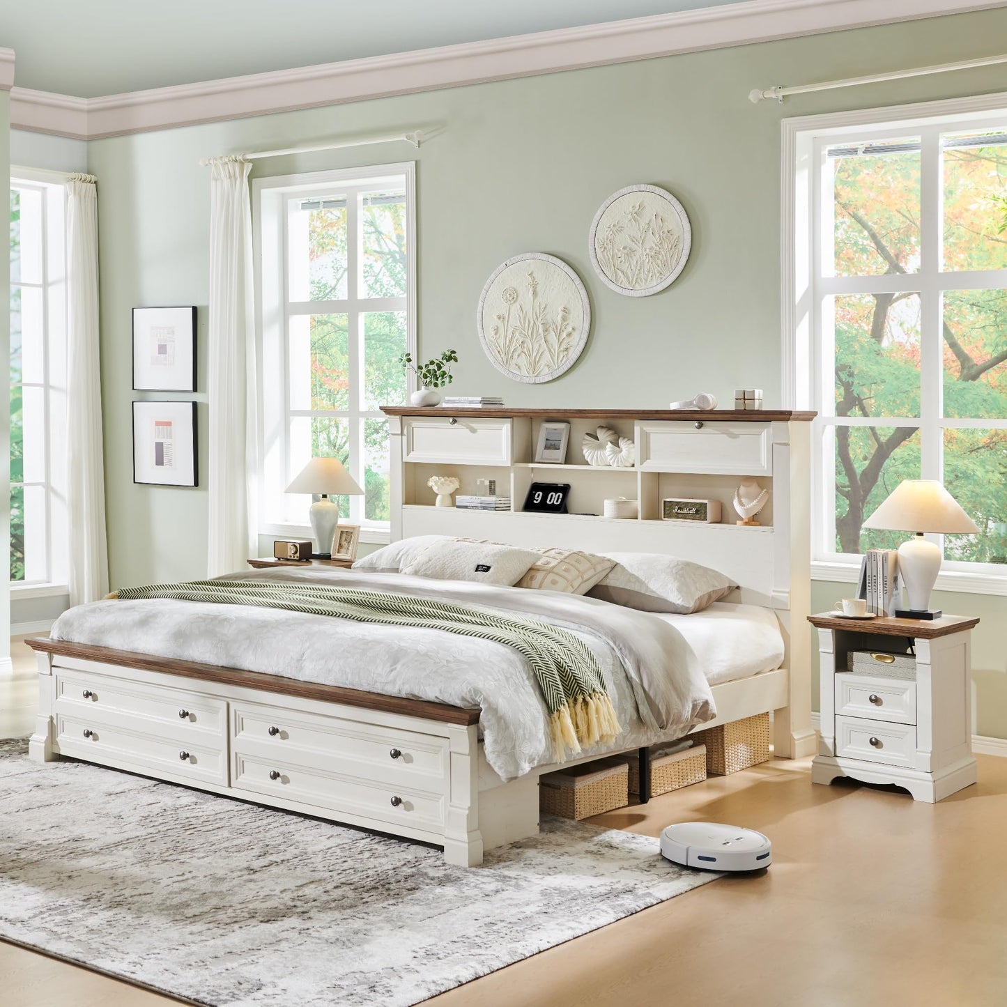Farmhouse King Size Bed Frame with 54" Tall Headboard, Wood Platform Bed Frame with 18" Tall Roman Column Decoration Footboard & 2 Large Storage Drawers, No Box Spring Needed(Antique White)