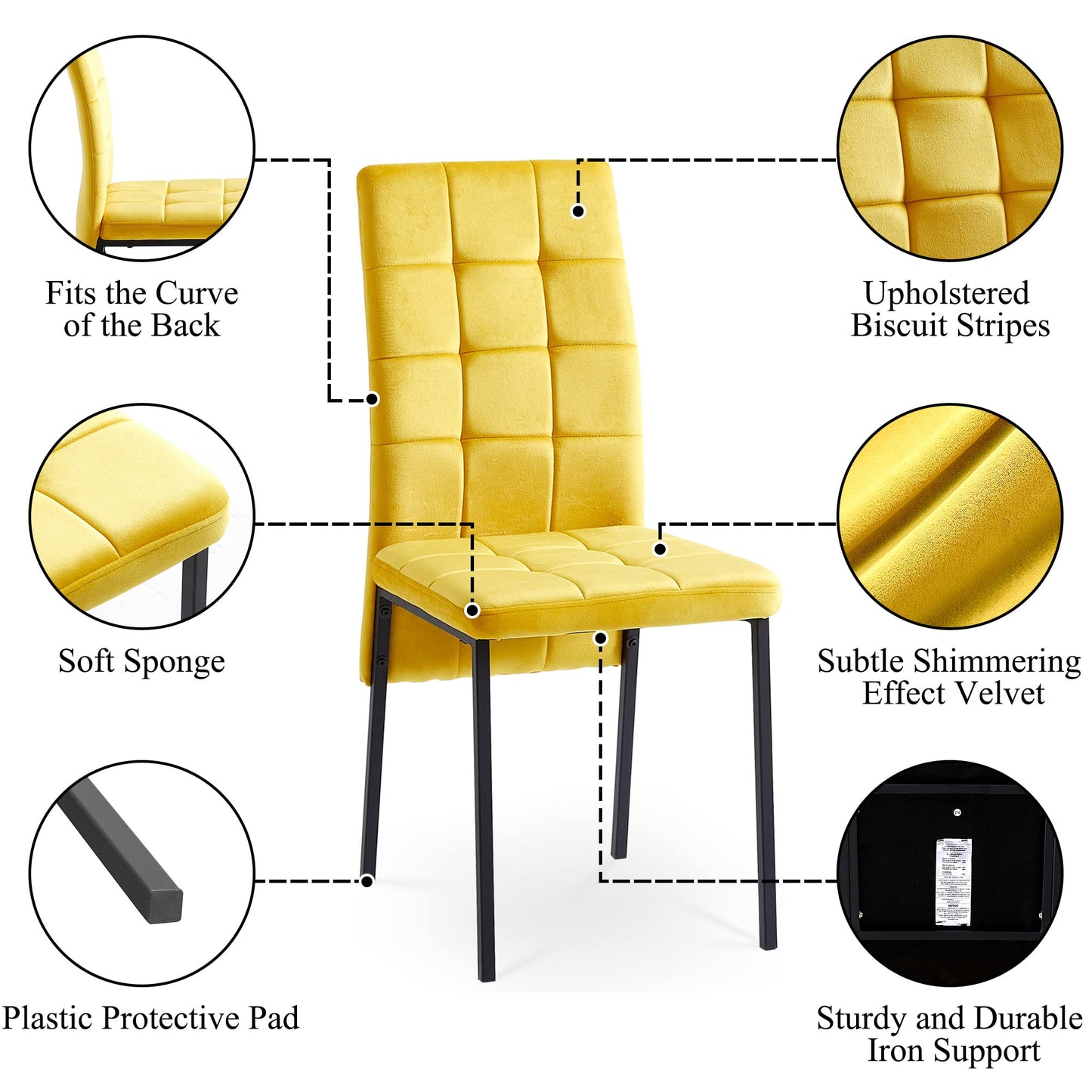 NORDICANA Upholstered Velvet Dining Chairs Classic Kitchen High Back Chairs Set of 4, Featured Dovetail Tufted Side Chairs, Black Metal Legs, Yellow