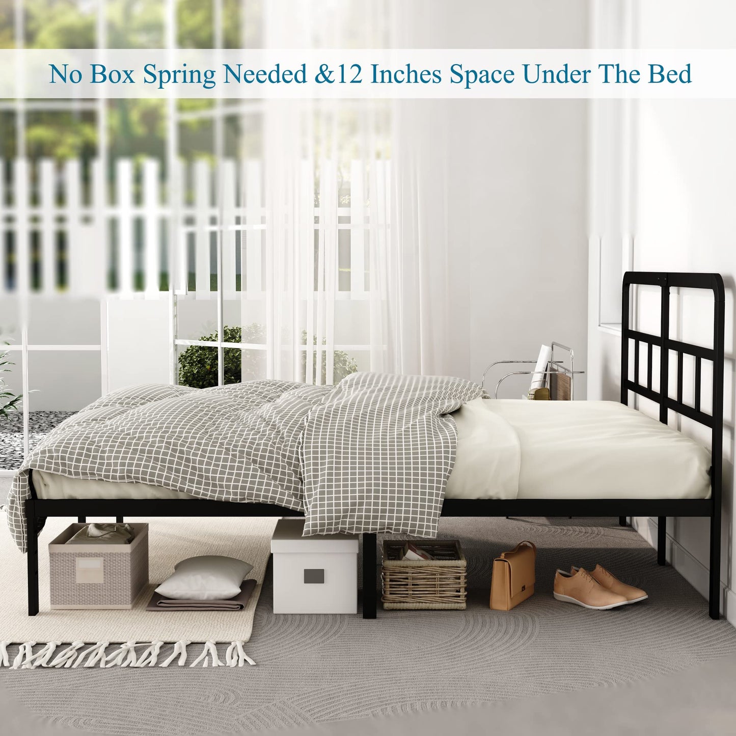 DiaOutro 14 Inch Full Size Bed Frame with Headboard No Box Spring Needed, Heavy Duty Metal Platform with Steel Slat, Mattress Foundation, Easy Assembly, Noise Free, Black