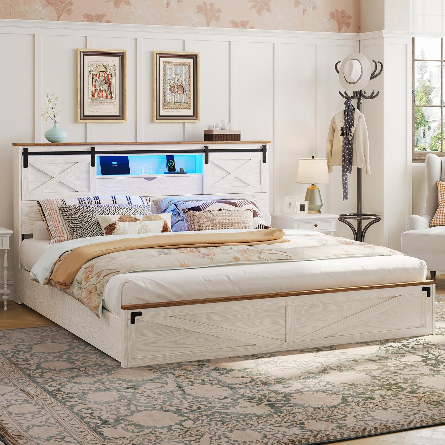 Hasuit Farmhouse Bed Frame King Size with Storage Bookcase Headboard, Wooden King Bed with LED Lights, Charging Station, 2 Drawers, Country Rustic Bed Frame with Sliding Barn Door