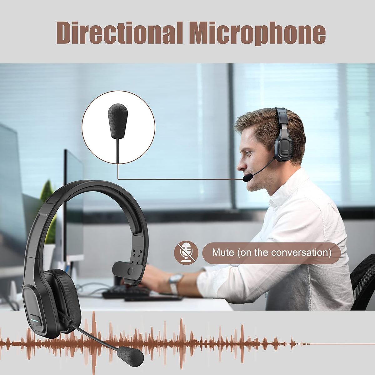 Trucker Bluetooth Headset V5.0, Wireless Headset with Noise Canceling&Mute Microphone for Cell Phones, On Ear Bluetooth Headphone for Computer, Zoom Meetings, Skype, Home Office