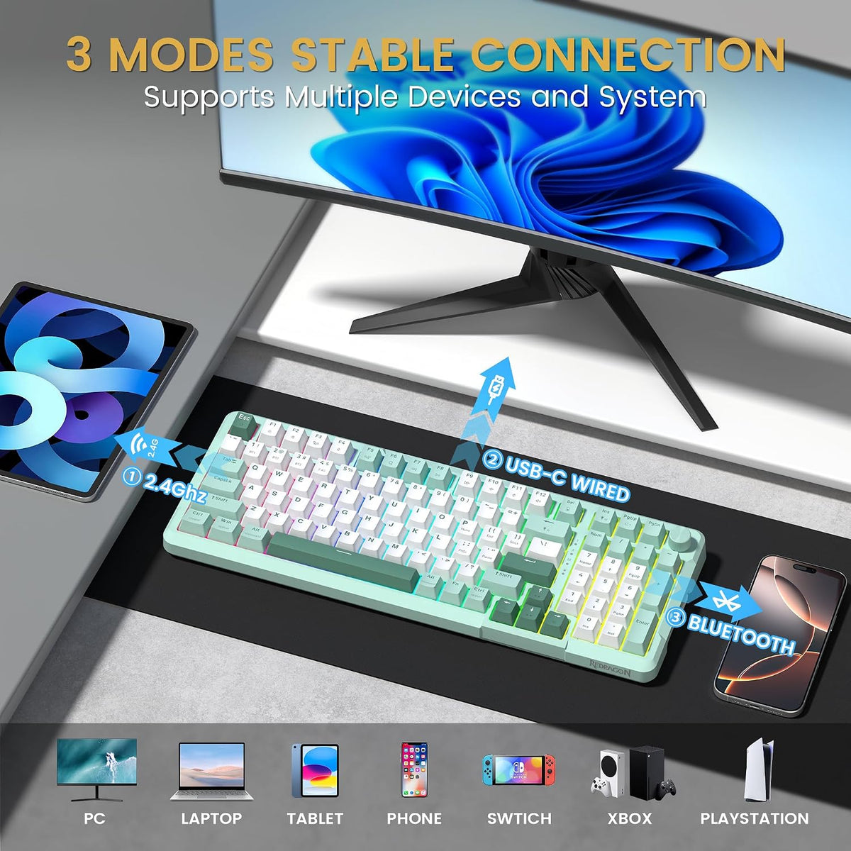 Redragon K742 Bluetooth Wireless Mechanical Gaming Keyboard with Knob