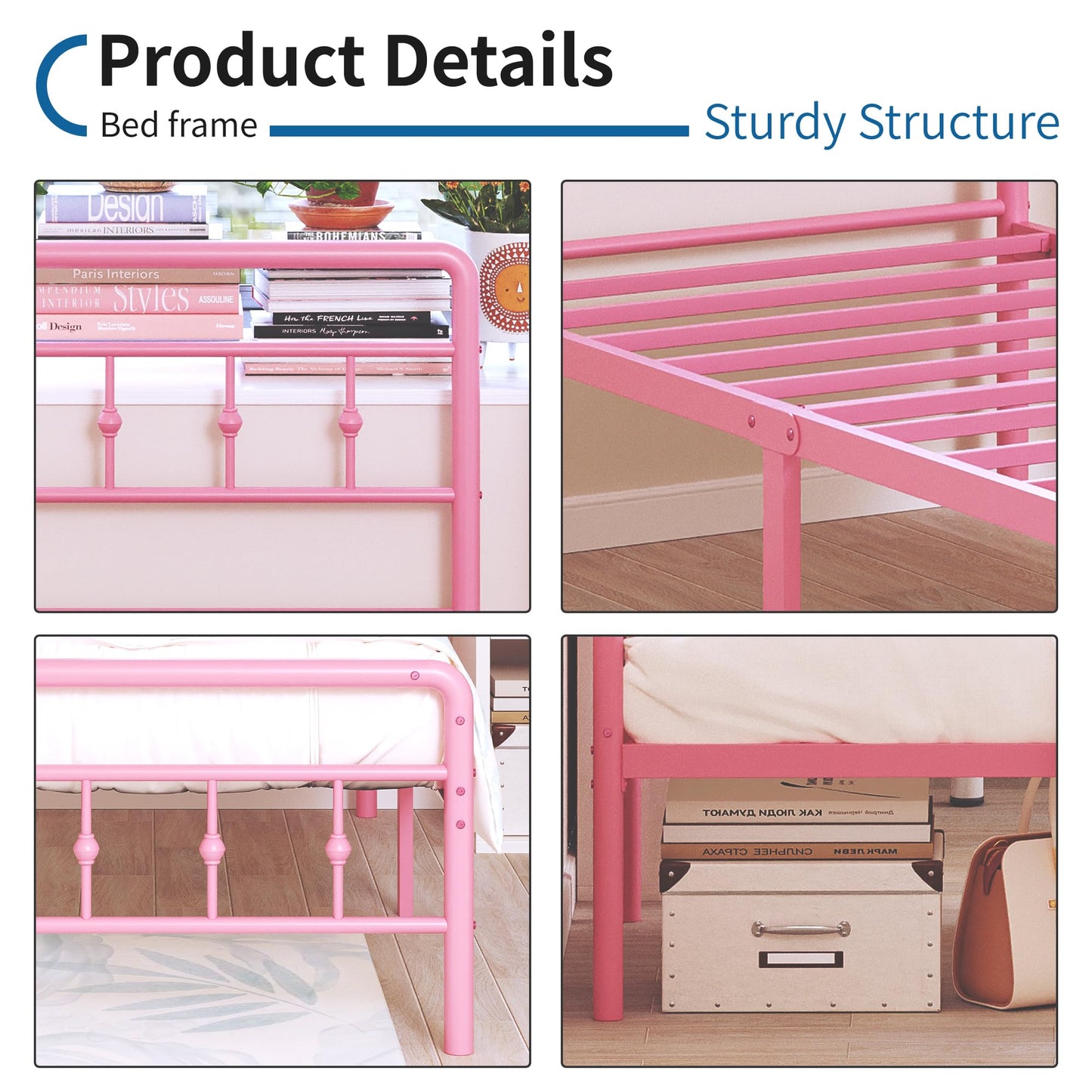 DiaOutro Classic Metal Platform Pink Twin Bed Frames with Headboard and Footboard, 16 Inch No Box Spring Needed Heavy Duty Victorian Style Iron-Art Mattress Foundation/Under Bed Storage