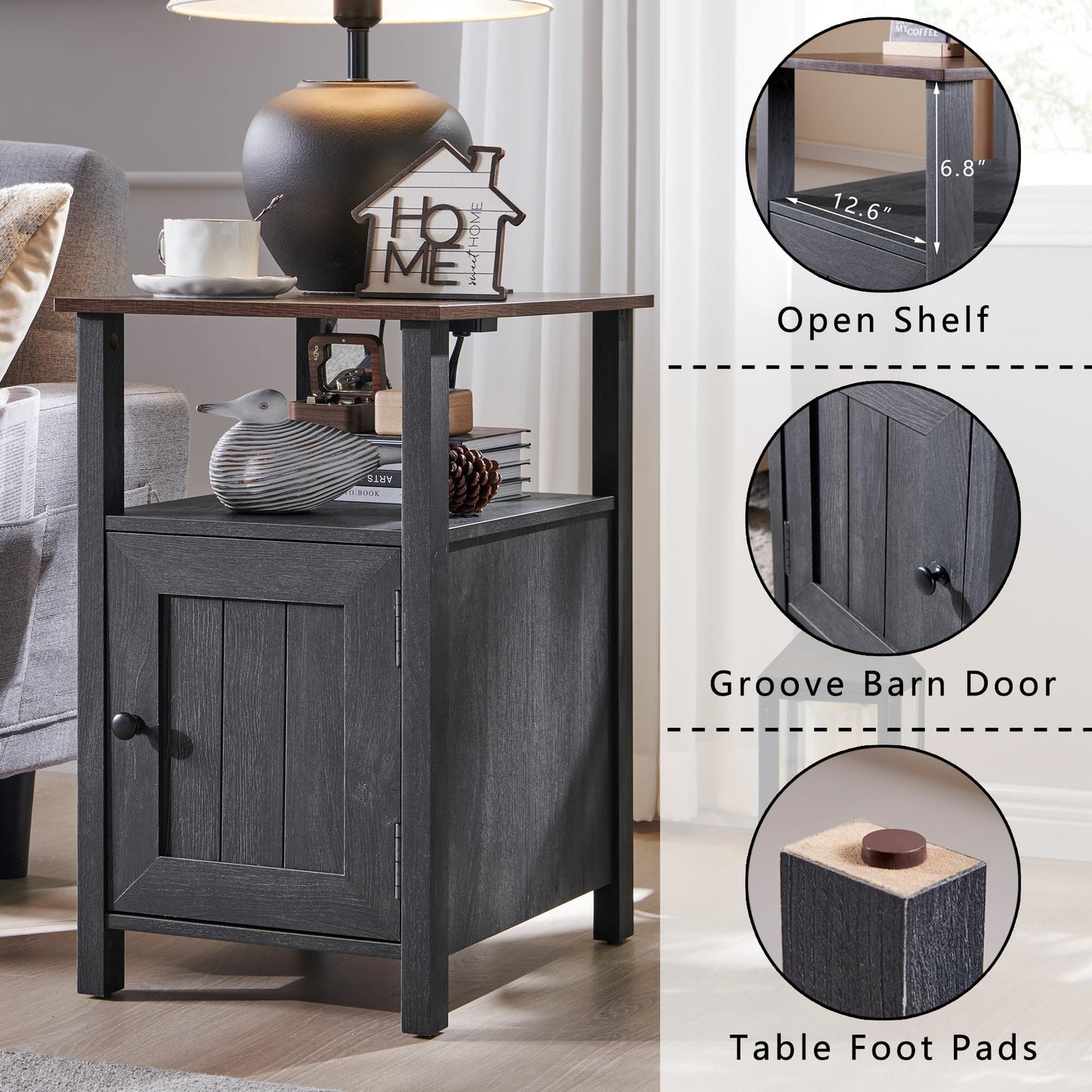 IFGET Farmhouse Nightstand Set of 2, End Table with Charging Station, Rustic Side Table w/Barn Door & Open Shelves, Bedside Table w/Storage Space and Storage Cabinet for Bedroom, Living Room Dark Grey
