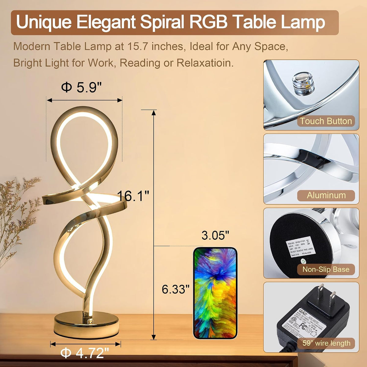 RGB Modern Small Table Lamp with LED Spiral Design, 15W Nightstand Lamp