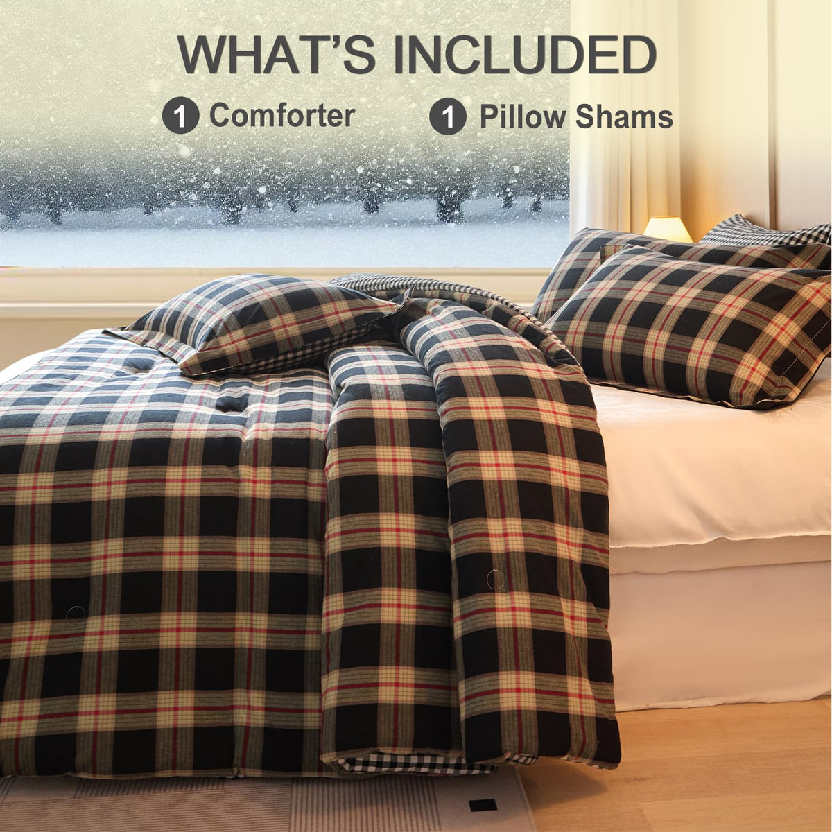 hadamick 100% Cotton Comforter Set Twin Size – Reversible Yarn-Dyed Checkered Design, Soft Washed Cotton on Both Sides, Lightweight All-Season Bedding, Machine Washable(Black Red Plaid, 68”x90”)
