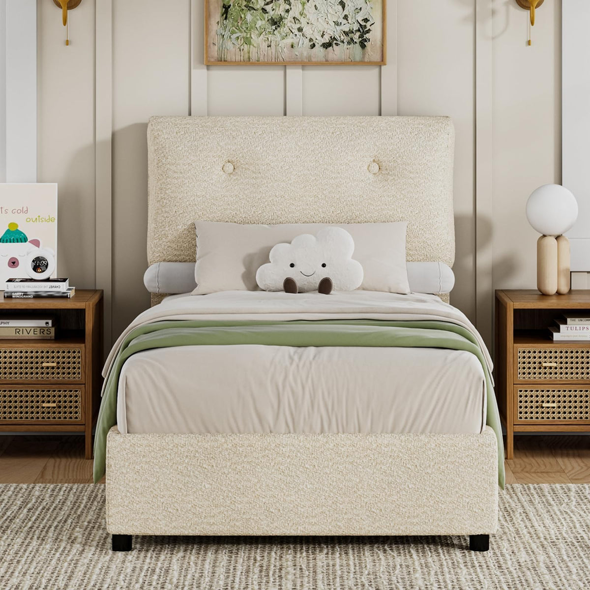 CHABUILDREARK Twin Bed Frames, Boucle Upholstered Platform Bed Frame with Soft Headboard, Wooden Slats Support, Low Profile Bed Frame, No Box Spring Needed, Easy Assembly, Cloud Bed Frames, Cream