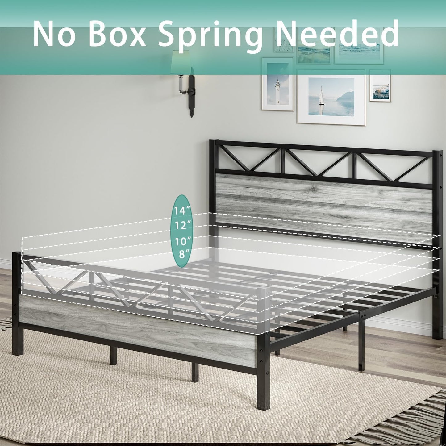 CHABUILDREARK King Bed Frame and Headboard, Industrial 51.2" Tall Headboard, King Platform Bed Frame with Heavy Duty Metal Slats Support, No Box Spring Needed, Noise-Free, Easy Assembly, Wash Grey
