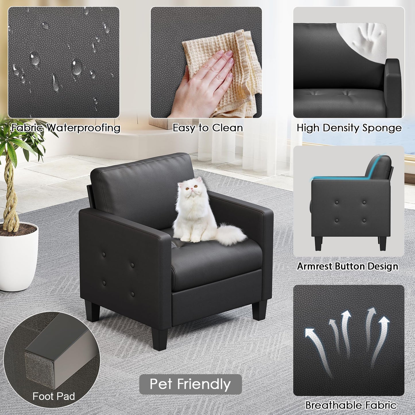 STHOUYN Accent Chairs Set of 2, Black Faux Leather Chair, Mid-Century Modern Living Room Chairs, Cozy Office Reading Chair with Tufted Seat and Armrest, Armchairs for Bedroom, Waiting Room (2)