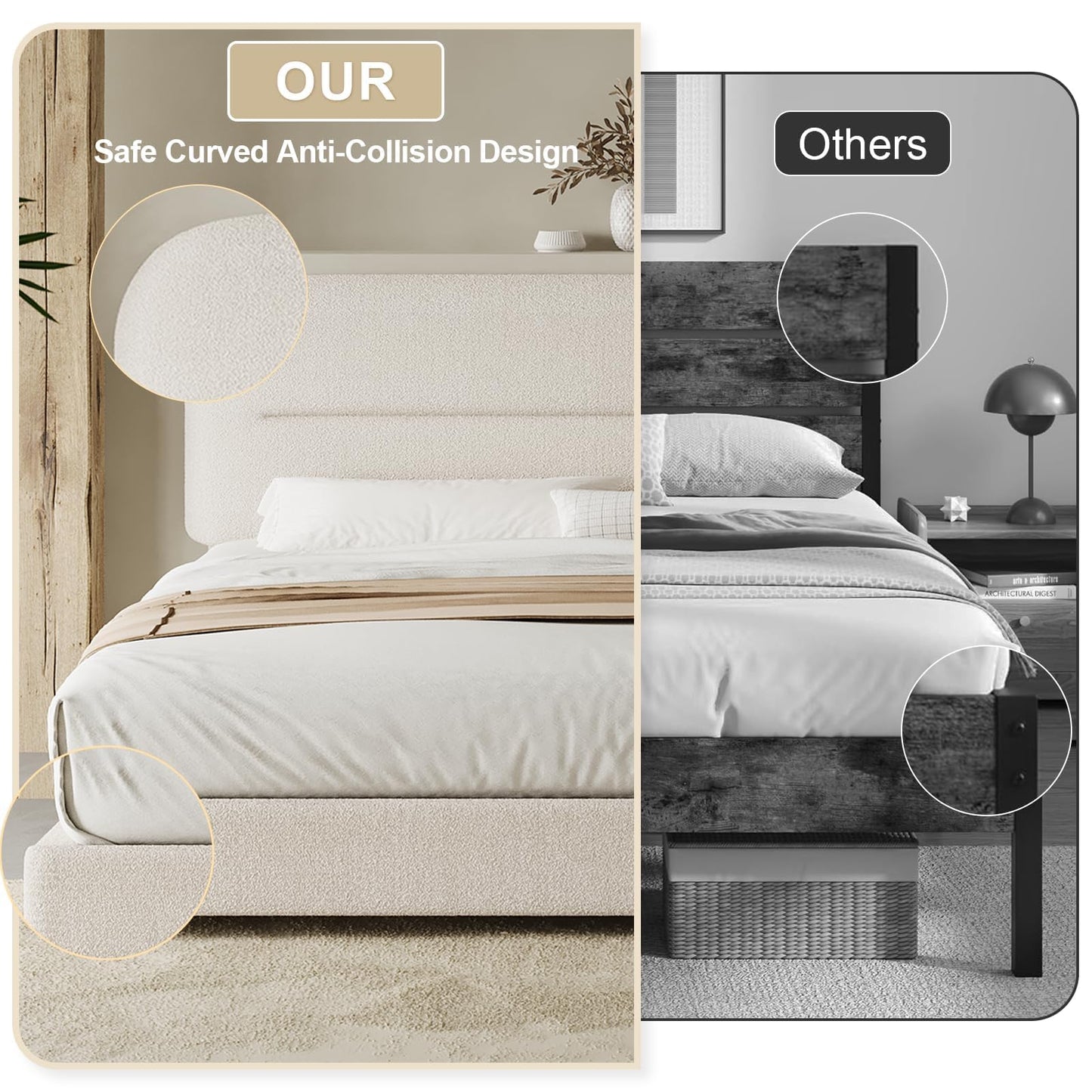 HOMBCK Twin Size Boucle Upholstered Bed Frame with Headboard, Twin Bed Frame for Kids, Soft Rounded Corners, Wooden Slats, No Box Spring Required, Easy Assembly, Cream