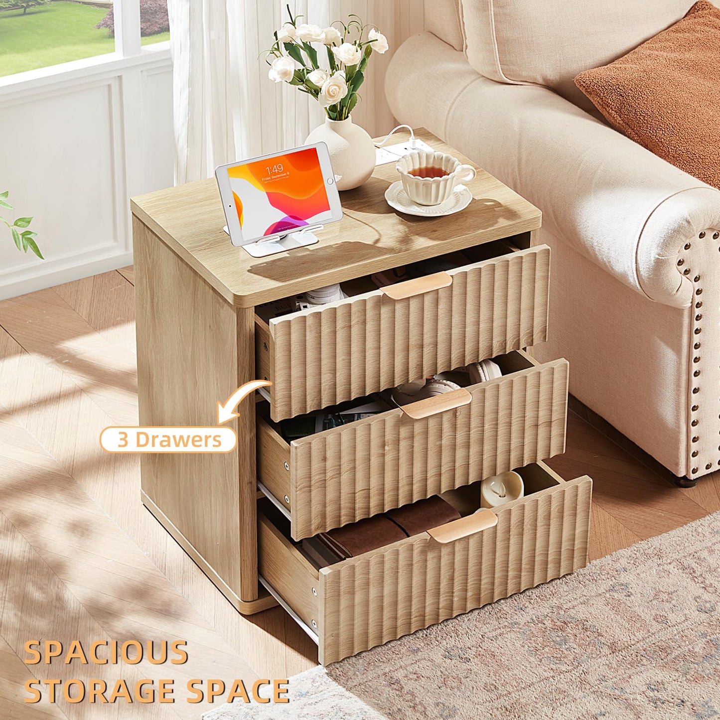 LEYAOYAO 23" Wide Fluted Farmhouse Night Stand Set of 2 with Charging Station, 3 Drawers Large End Table w/Metal Handle, Natural Nightstand Bedside Table,Wood Dresser for Bedroom, Closet