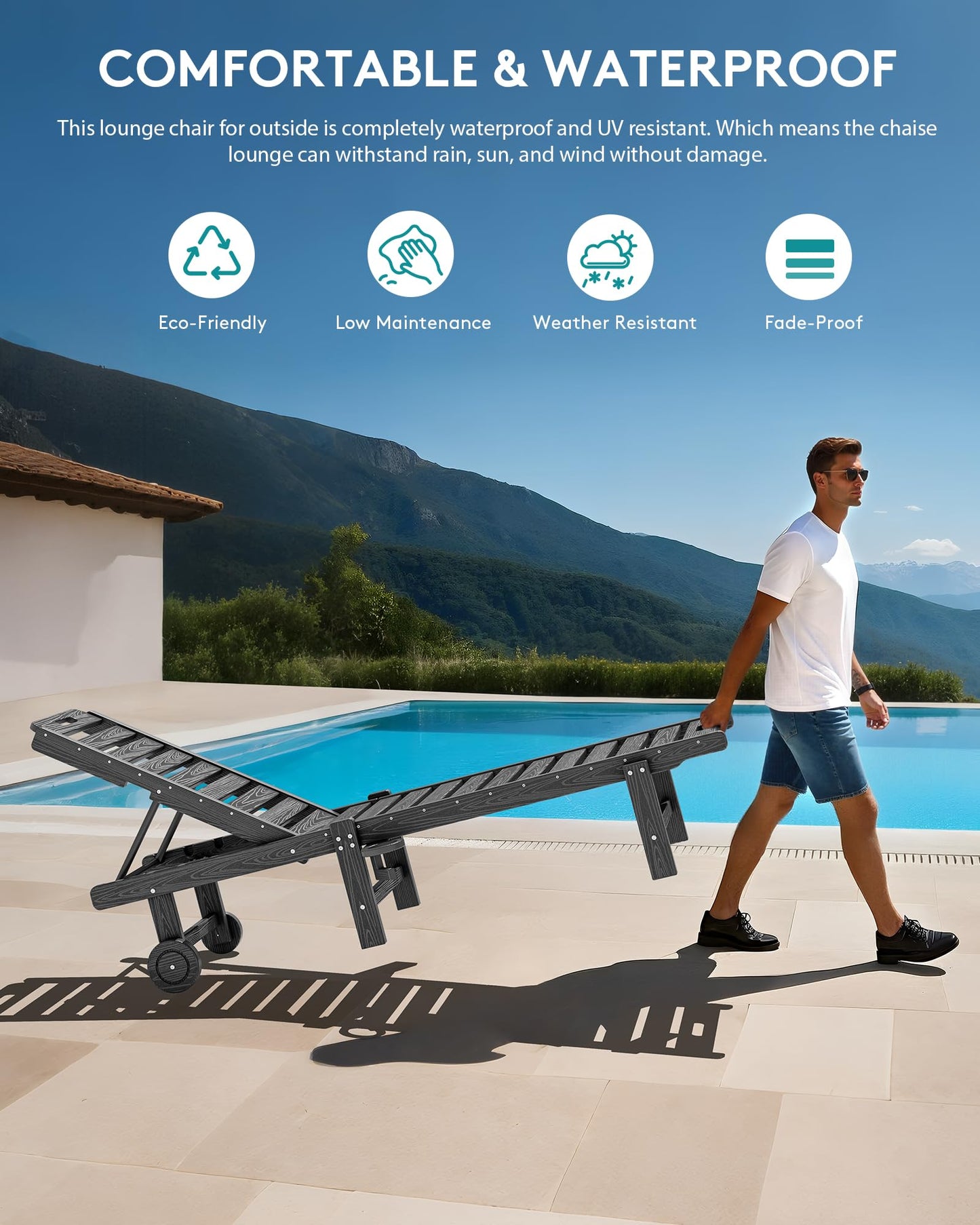 SERWALL Patio Chaise Lounge, HDPE Outdoor Lounge Chair with Cup Holder, 5 Positions Adjustable Poly Lounge Chair with Rolling Wheels for Poolside, Deck, Sunbathing, Grey