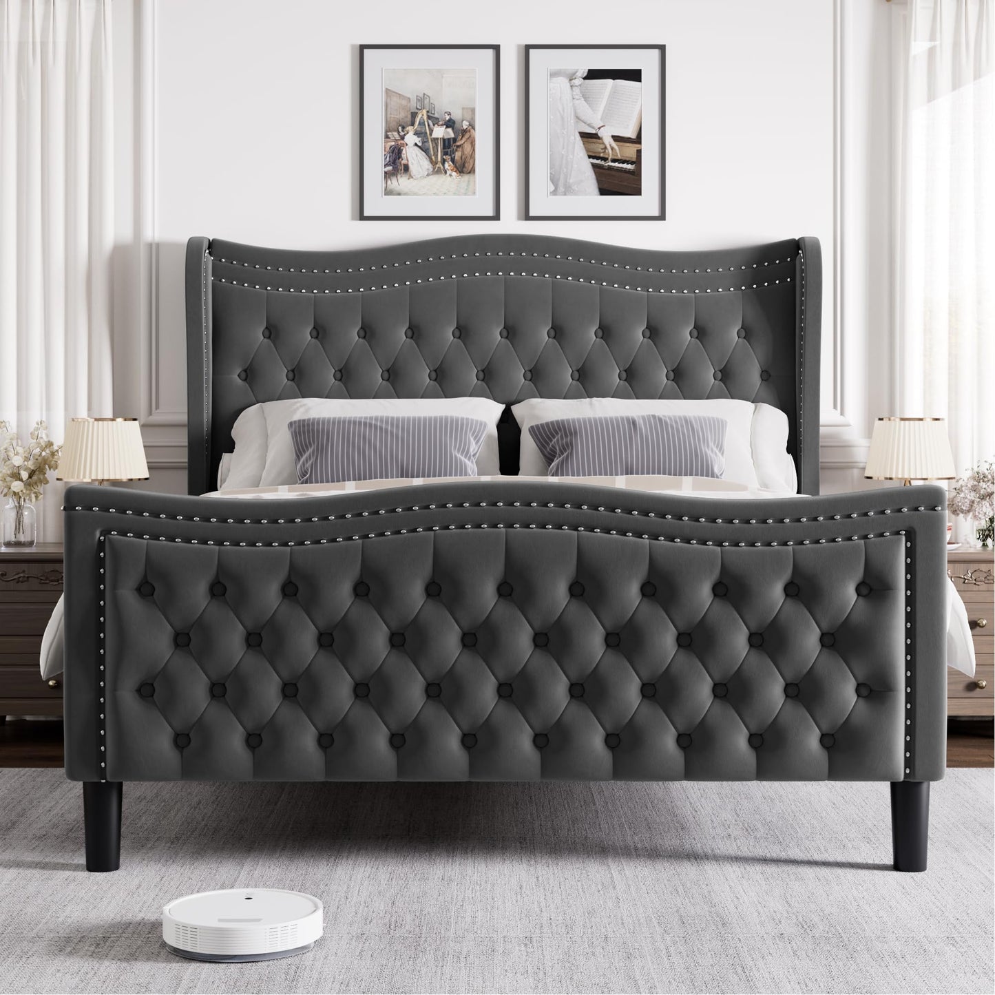 VINTLJUS Queen Bed Frame with Tall Headboard & Footboard, Velvet Upholstered Platform Bed Frame with Deep Button Tufted Wingback, No Box Spring Needed, Noise Free, Grey