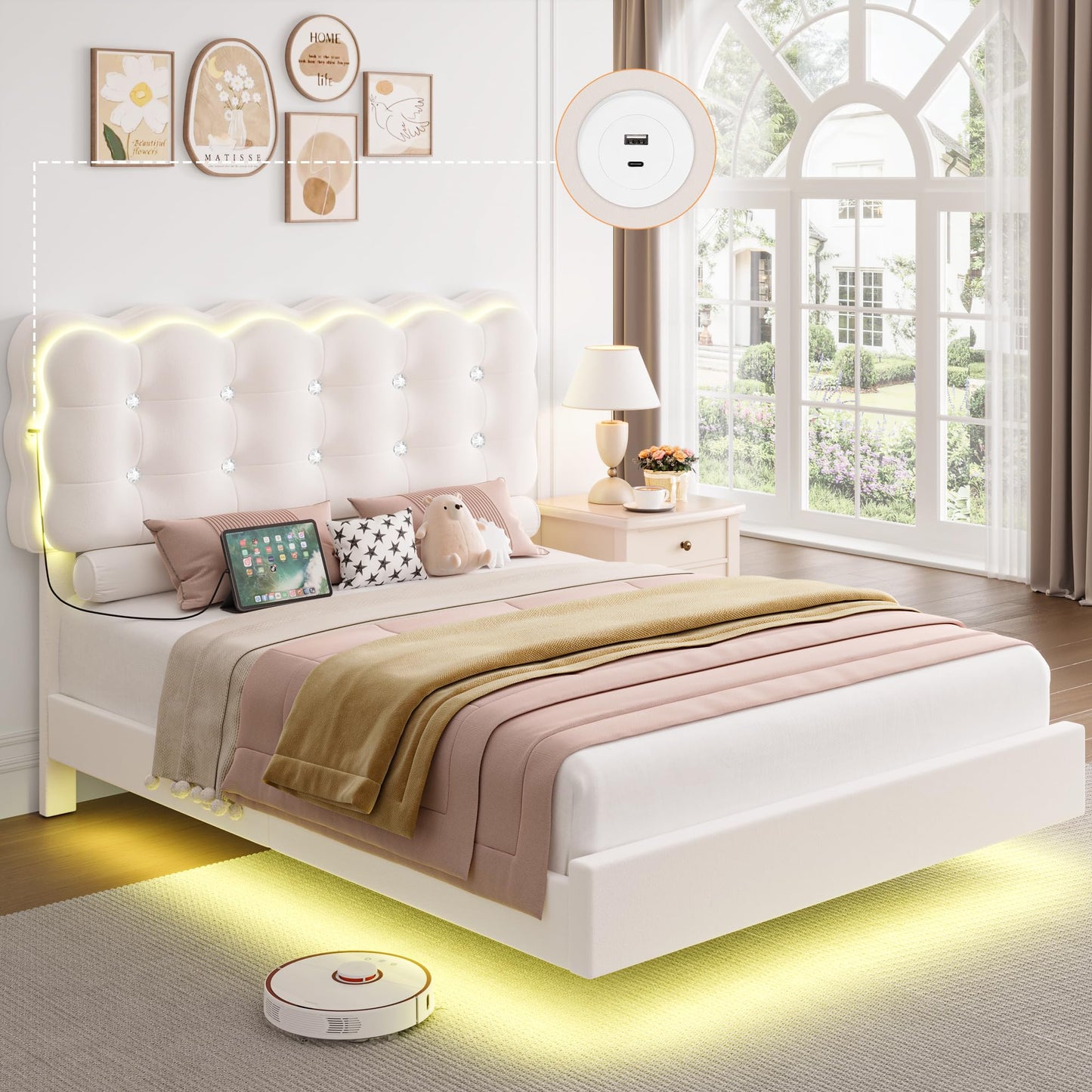 HIFIT Upholstered Full Size LED Bed Frame with Charging Station and Adjustable Crystal Button-Tufted Puffs Headboard, Velvet Princess Floating Platform Bed Frames for Girls, No Box Spring Needed,Beige