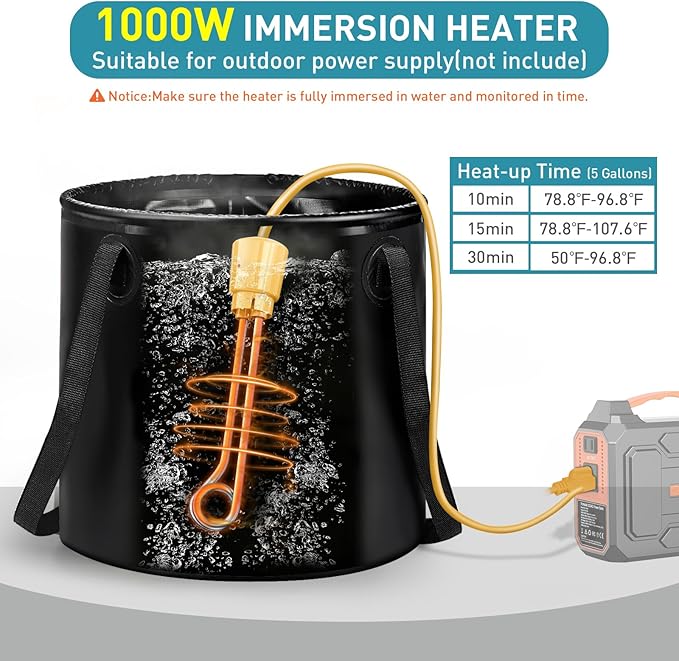 Portable Hot Shower Tent Kit - Immersion Heated 1000W, Rechargeable Pump, Pop-Up Tent for Adults Outdoor, 6.6 Gallon Folding Bucket