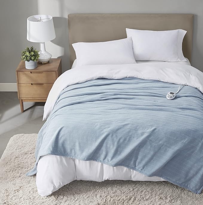 Serta Travis Fleece Ultra Soft Tri-Rib Textured Electric Blanket, Cozy and Snuggly Cover Fast Heating for Cold Weather, Auto Shut Off, Multi Heat Setting Controller, Full, Dusty Blue