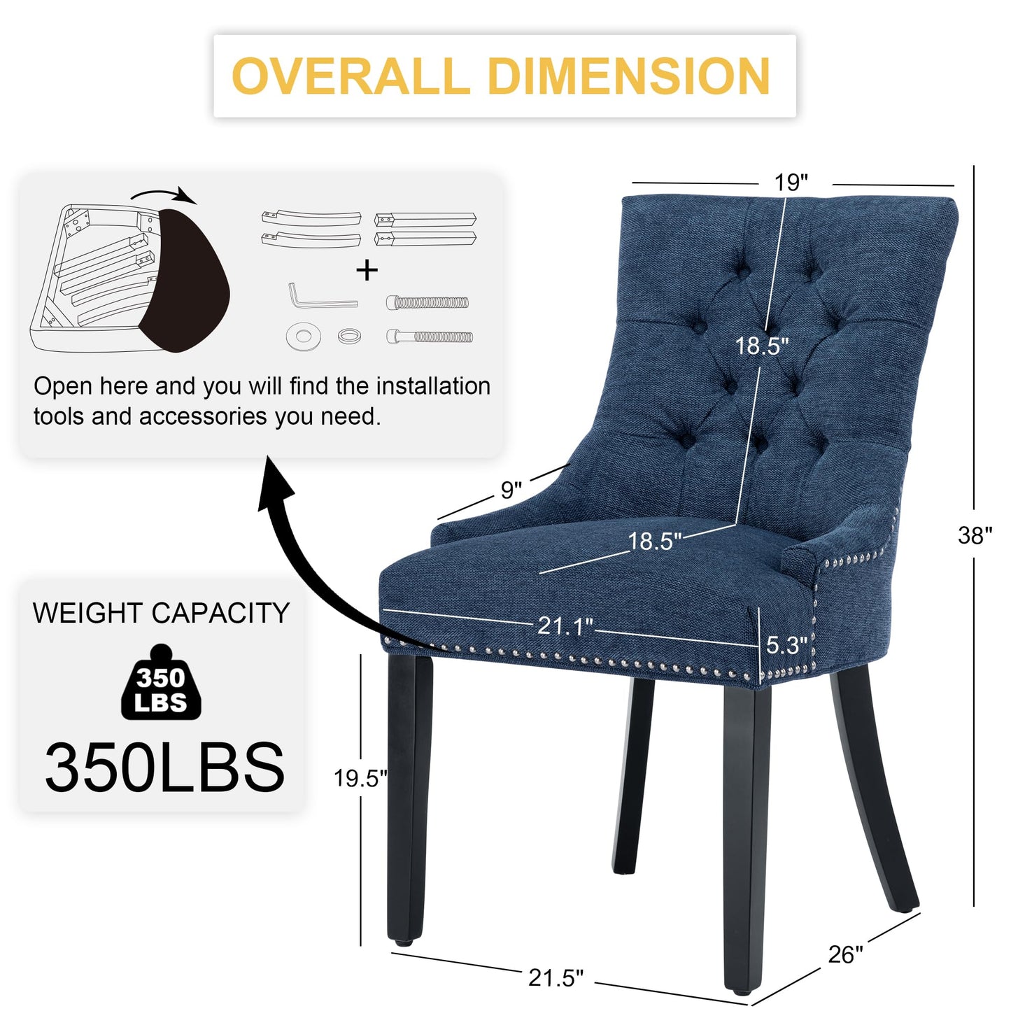 UDAX Upholstered Dining Chairs with Arms, Set of 4, Dining Room Chairs with Solid Wood Legs and Tufted Backrest(Linen+Blue)