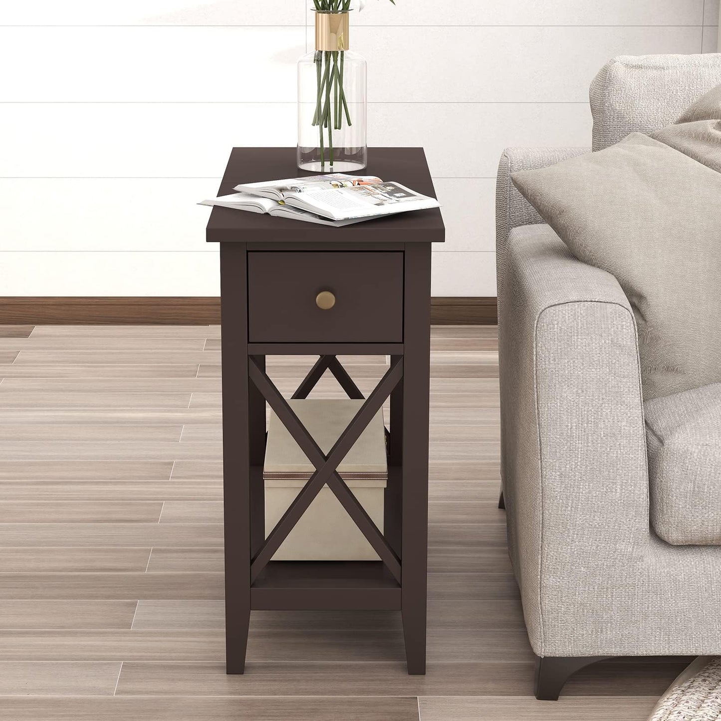 ChooChoo End Table Set of 2, Flip Top Narrow End Table with Drawer, Accent Small Side Table Nightstand for Living Room, Bedroom, and Small Spaces, Espresso