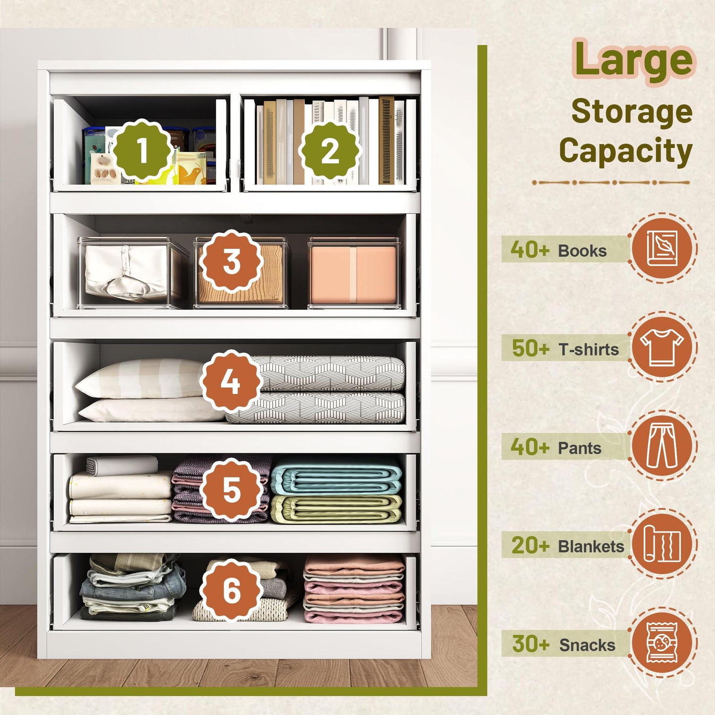 Romorgniz 6 Drawer Dresser for Bedroom Tall Chest of Drawers for Hallway, Closet,White,43.2" H X 27.6" W X15.6 D