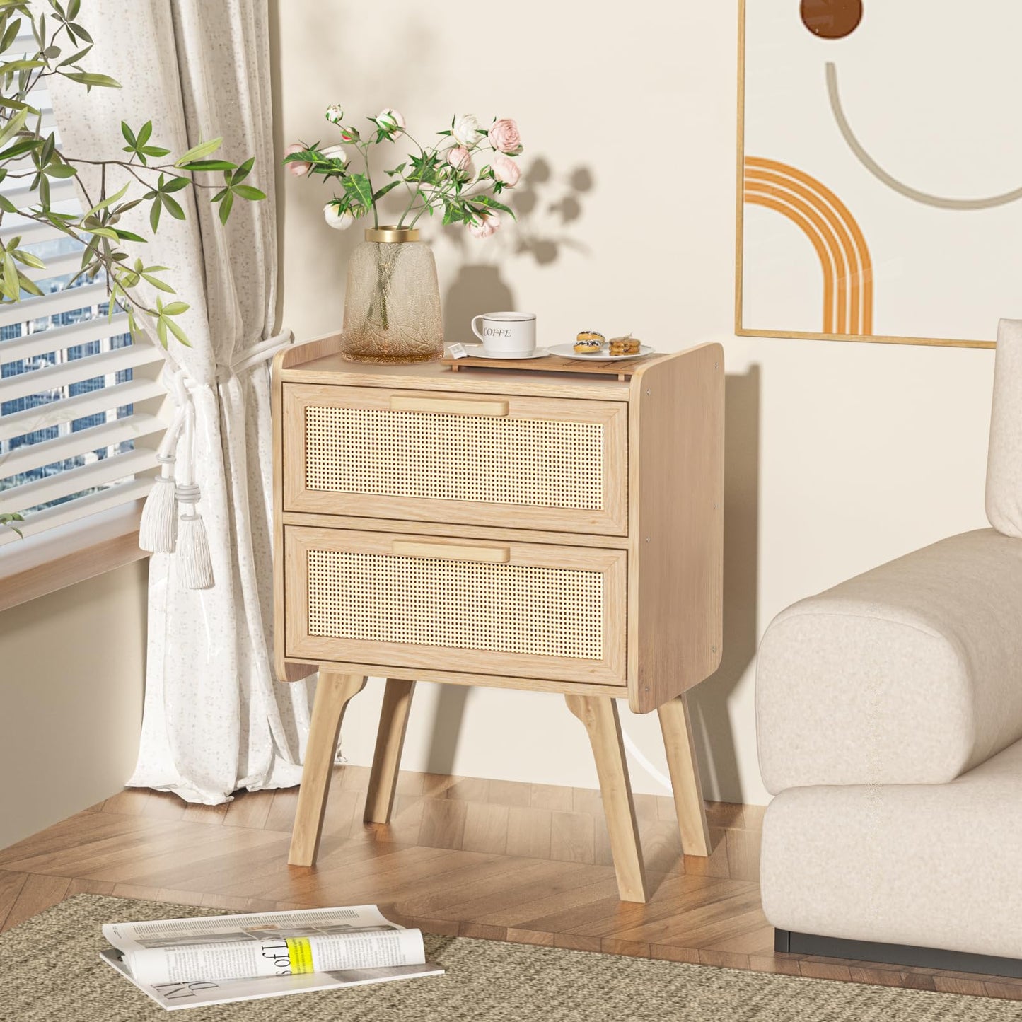Lerliuo Rattan Nightstands Set of 2, Boho Night Stand with 2 Drawers, Cane Accent Side End Table, Bedside Table with Solid Wood Legs for Bedroom, Dorm and Small Spaces (Natural)