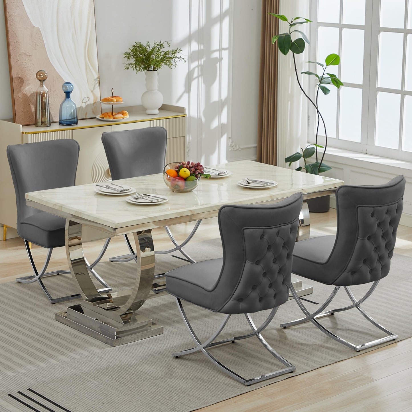 LOULENS Elegance Velvet Dining Chairs Set of 4, Luxurious Upholstered Tufted Dining Room Chairs, Glam Royal Velvet Accent Chairs with Stainless Steel Legs, Dark Grey