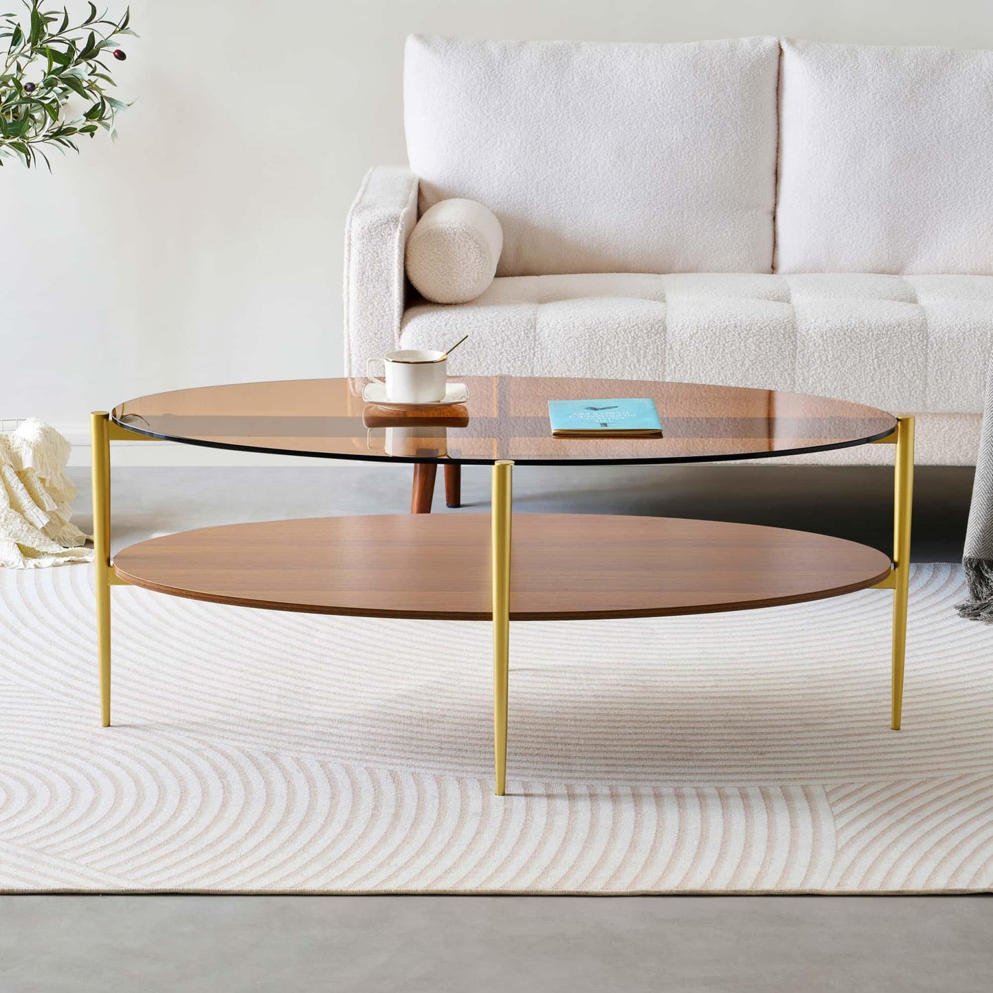LumFurn Oval Glass Coffee Table, Mid-Century Modern Design, L43 x W22 x H17 inch, 2-Tier Structure, Olive Shaped Amber Glass Top and Walnut Finish Wood Shelf, Tapered Legs with Gold Finish Frame