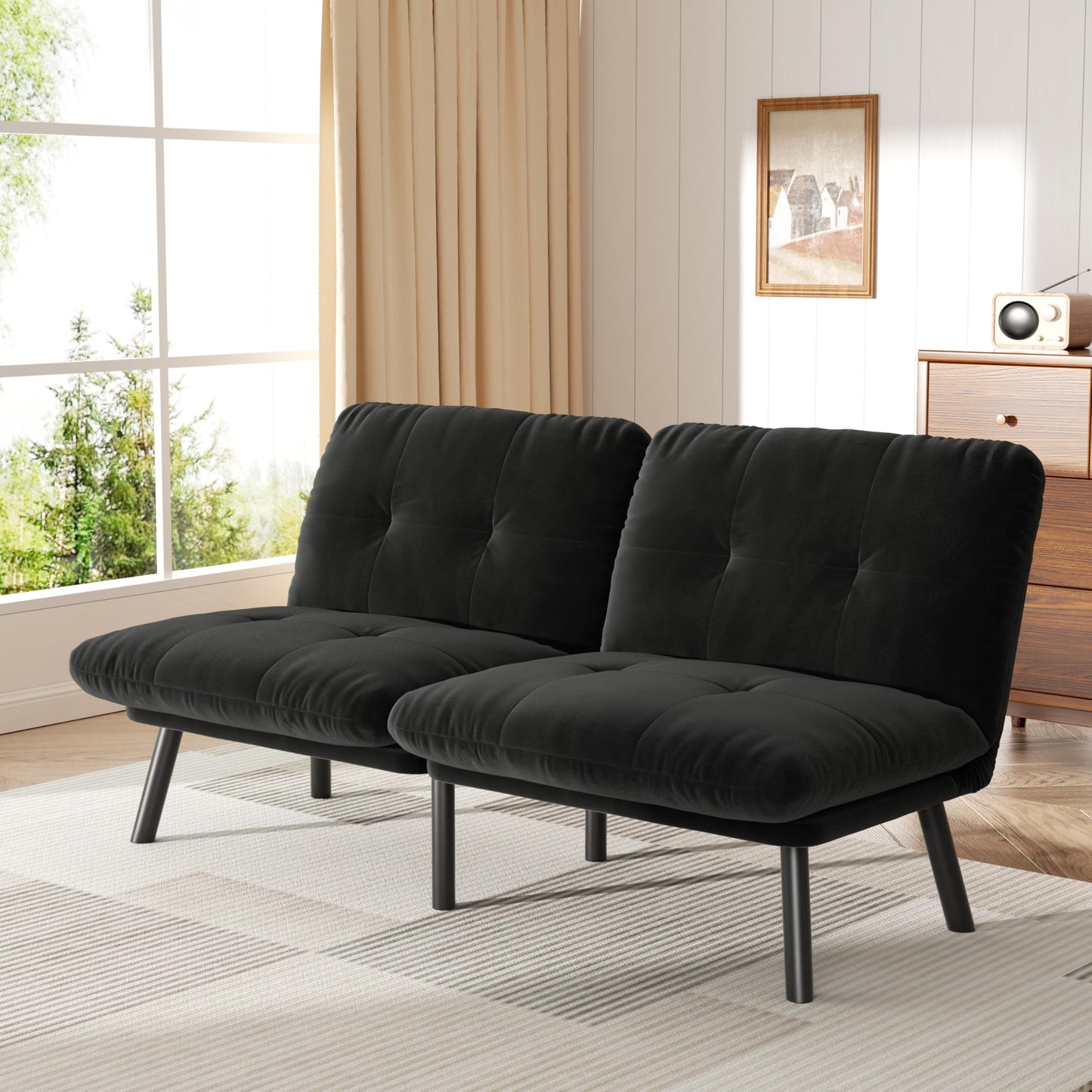 homeokay Futon Sofa Sleeper Couch Bed with Adjustable Backrest Thick Cushion Velvet Fabric for Department Living Room Lounge Sofa Loveseat (Black)