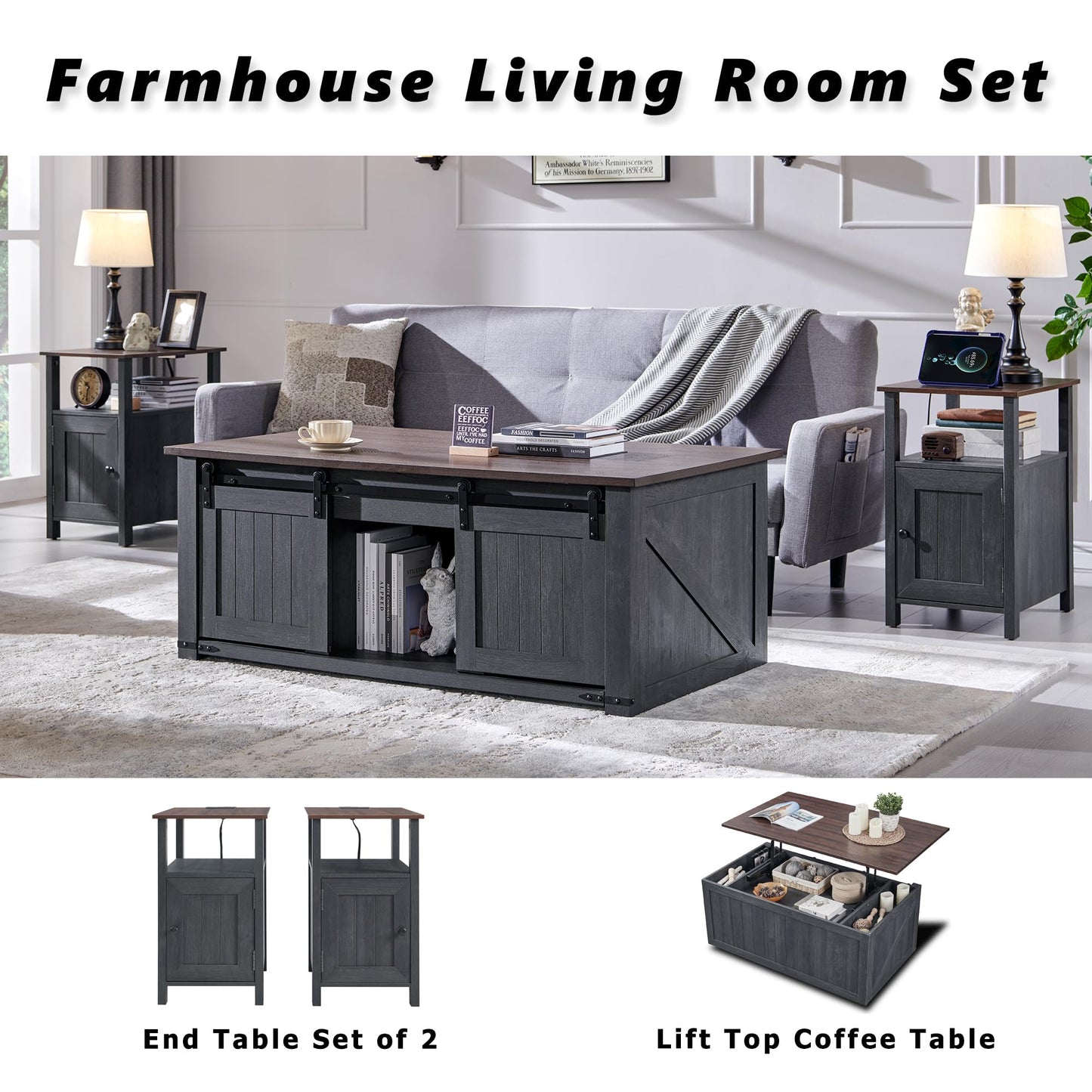 IFGET Farmhouse Nightstand Set of 2, End Table with Charging Station, Rustic Side Table w/Barn Door & Open Shelves, Bedside Table w/Storage Space and Storage Cabinet for Bedroom, Living Room Dark Grey